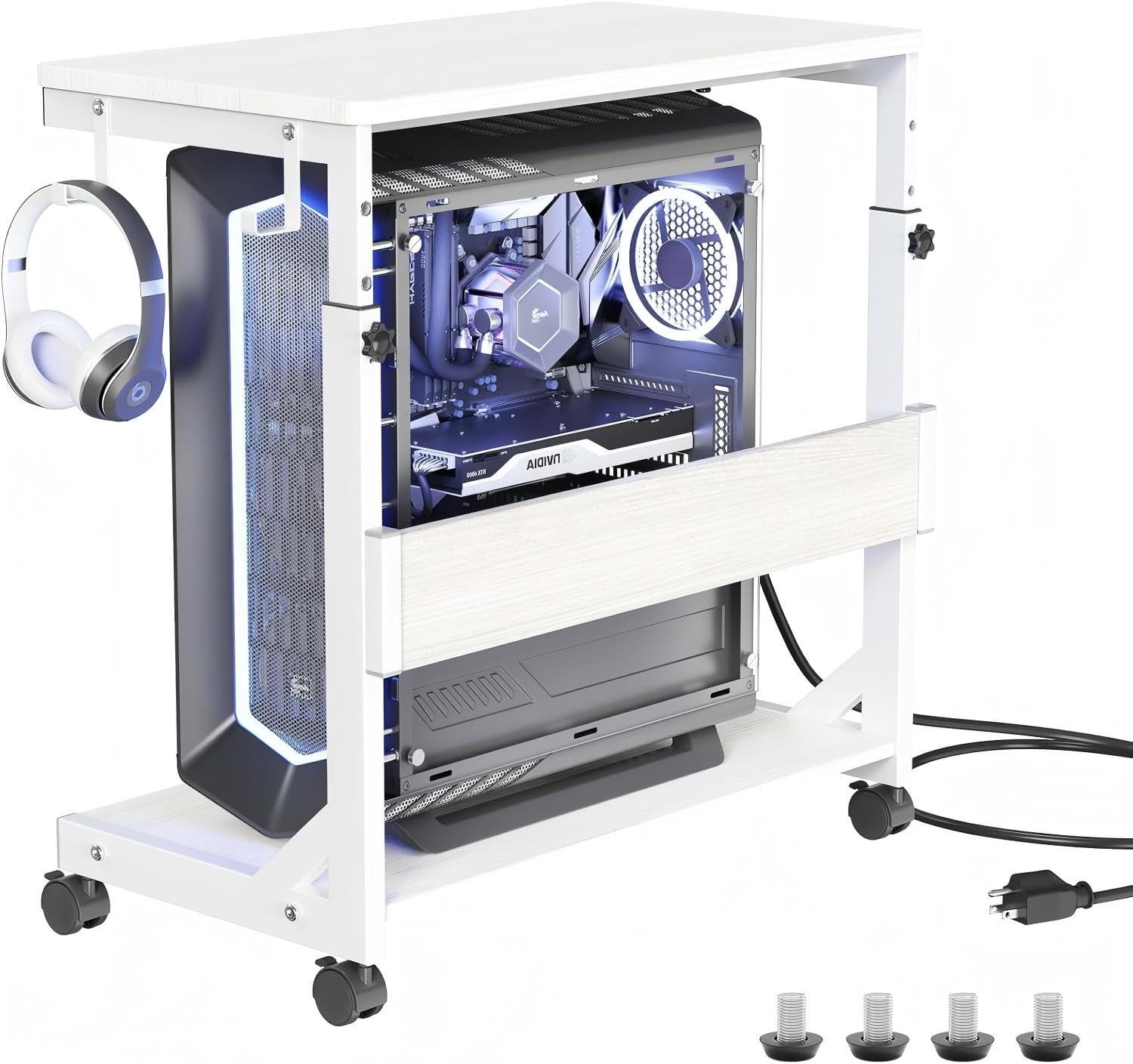 CNTSLNB PC Stand, Height Adjustable Computer Tower Stand with 2-Tier ATX-Case Cart, Floor Standing Computer stand, Printer Stand With Storage Space, locking casters (White) — image 1