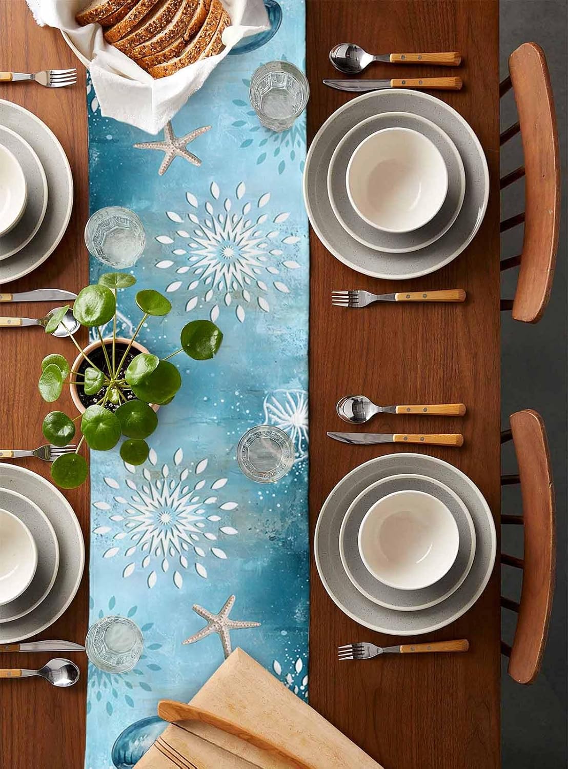 Jellyfish Coastal Table Runner 120 Inches Long, Blue Nautical Starfish Farmhouse Dress Scarves, Vintage Ocean Floral Dining Tablerunner for Coffee Table/Kitchen Island/Party Décor, 13" x 120"