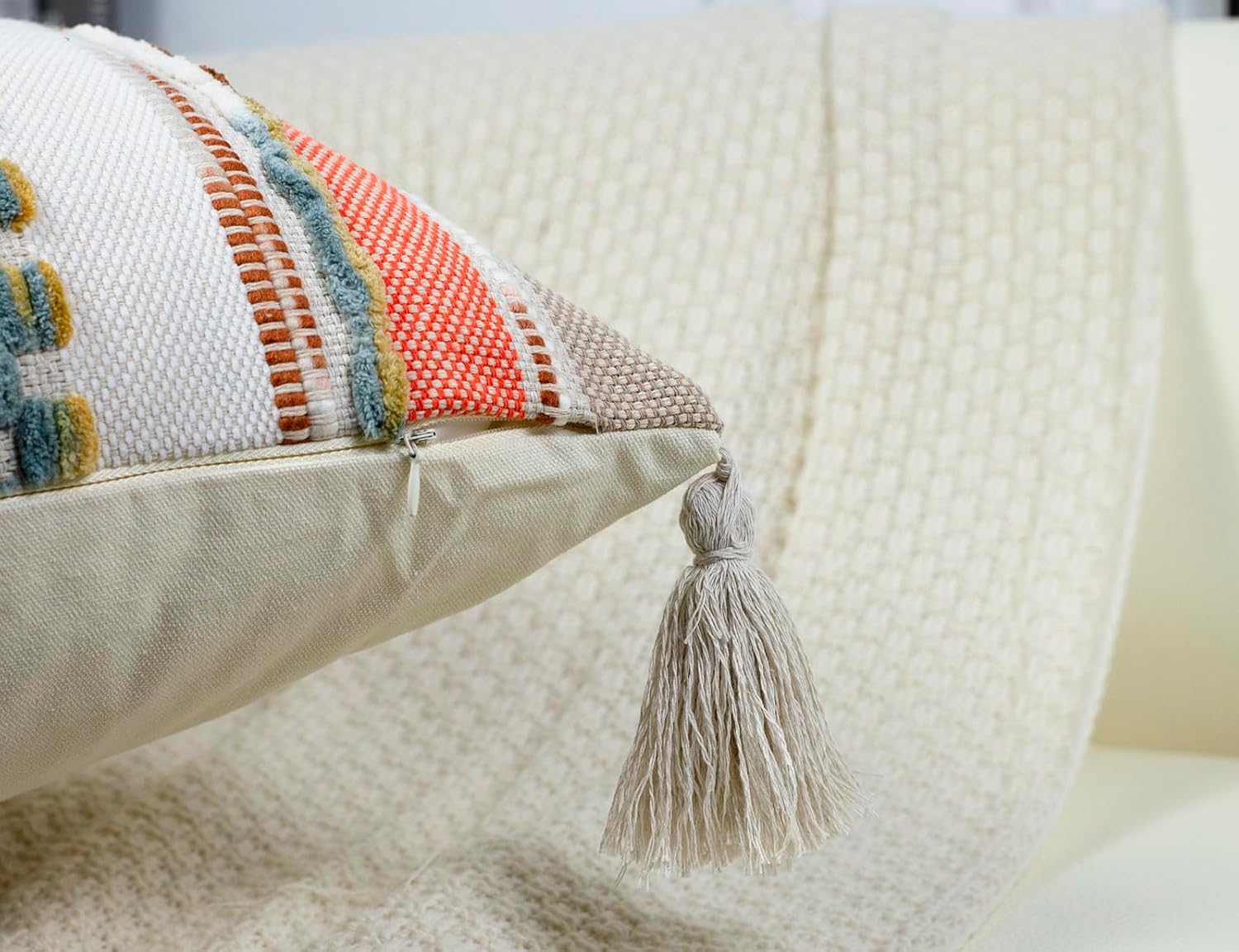 PANOD Chenille Farmhouse Throw Pillow Covers 18 x 18 Orange, Neutral Boucle Couch Pillow Cover, Striped Decorative Boho Coushion Cover Pillow Case for Couch Bed Sofa Bedroom,Modern Accent,Set of 2 - Image 5