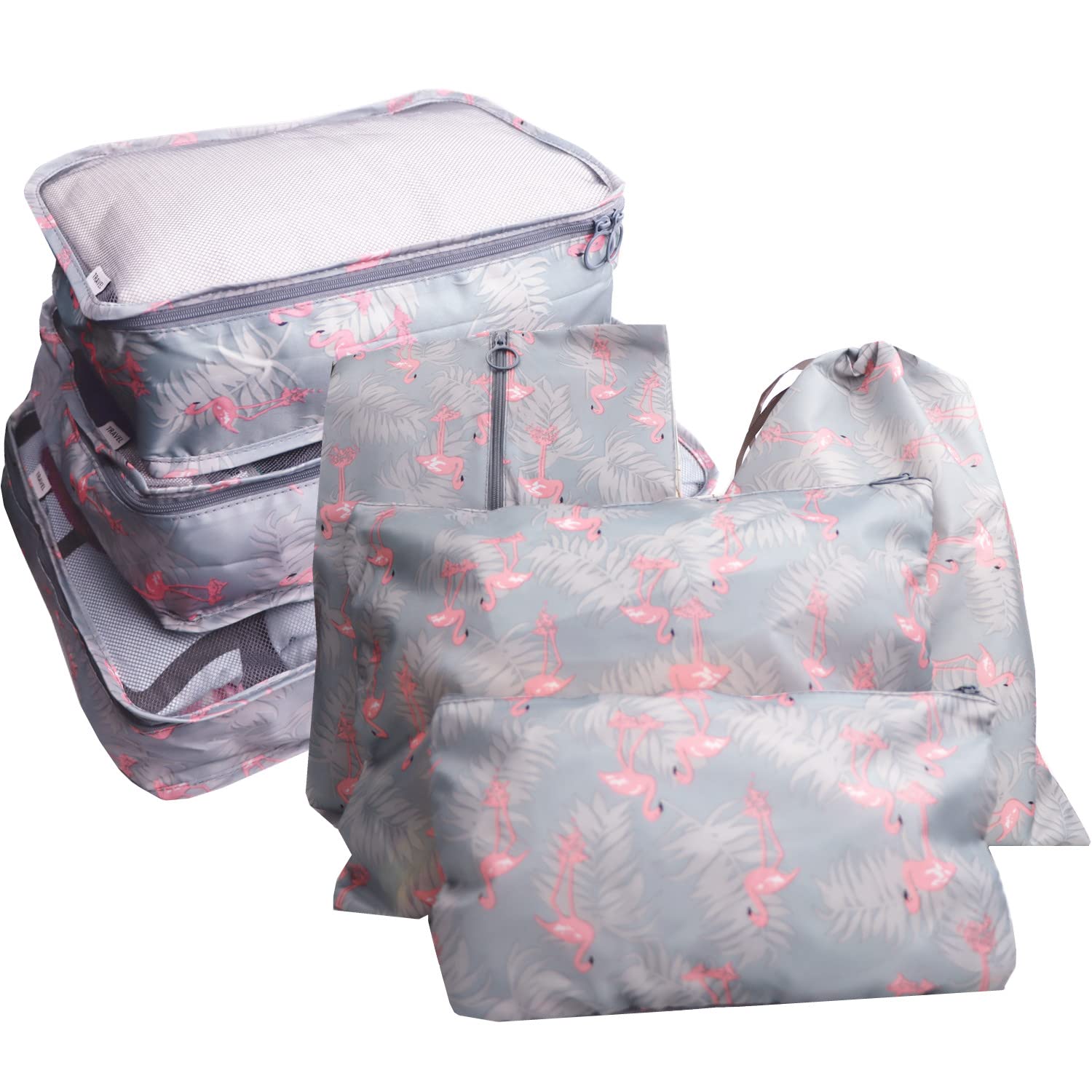 GUIFIER 7 Pieces Travel Packing Cubes Compression Pouches, Storage Packing Organizers Laundry Bags Set, Travel Luggage Organizer Packing Bags for Travel Clothes Luggage Suitcase (Grey Flamingo)