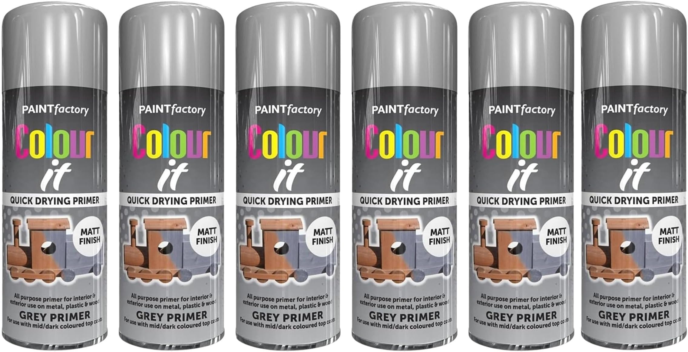 Grey Primer Spray Paint 250ml – Smooth All-Purpose Primer with Strong Adhesion for Metal, Wood & Plastic, Durable Long-Lasting Finish (6PCS)