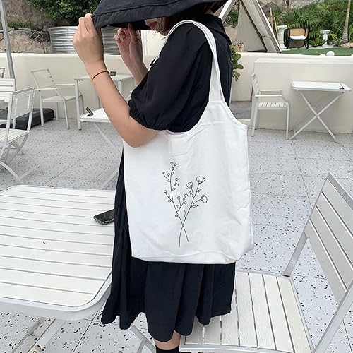 Miniatura 2 de KIEKIECOO Bolsa de lona negra estética personalizable reutilizable para comestibles con línea floral para compras de arte