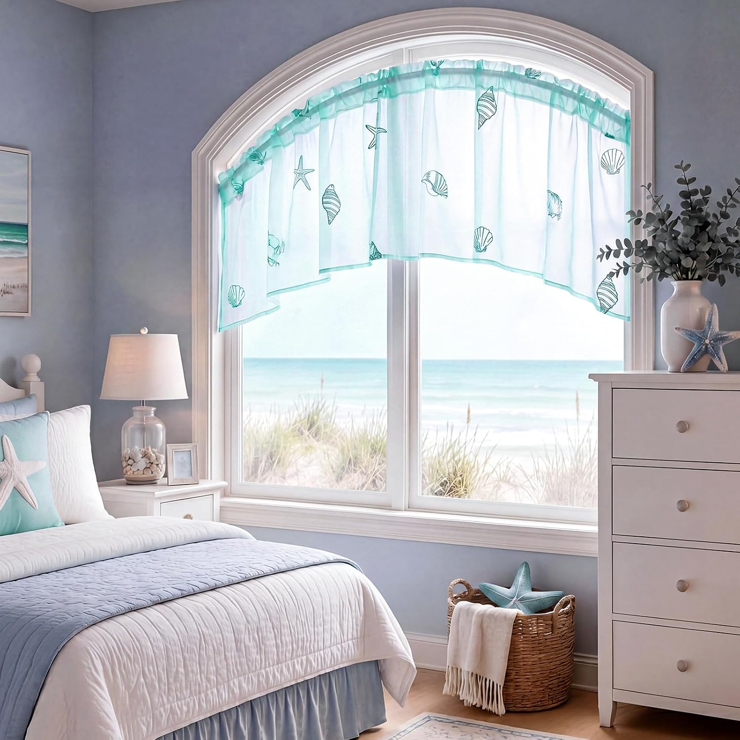 Tegeme 1 Panel Blue Starfish Shell Sheer Valances for Windows 52 x 18 Inch Embroidered Decorative Valances Curtain for Small Window Kitchen Bathroom Living Room Rod Pocket Voile Curtain Decor