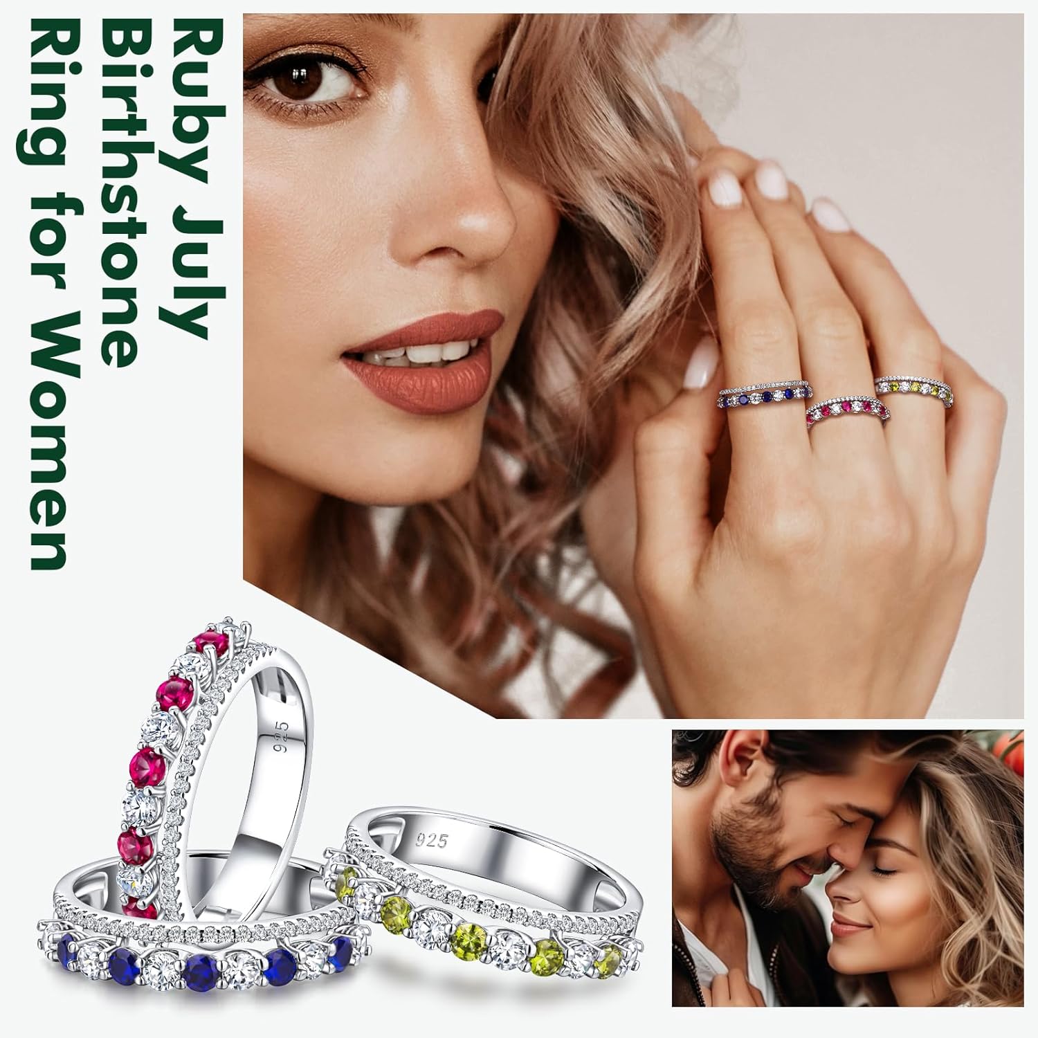 Women's Half Eternity Band 5mm Thick Double Band Ring Sterling Silver Gemstone Diamond Anniversary Ring Stackable Birthstone Rings Size 6-10 (with Gift Box) - Image 2