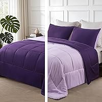 ExclusivoMezcla Reversible Twin Comforter Set - Lightweight Down Alternative All Seasons Bedding, Deep Purple/Lilac with Pillow Sham