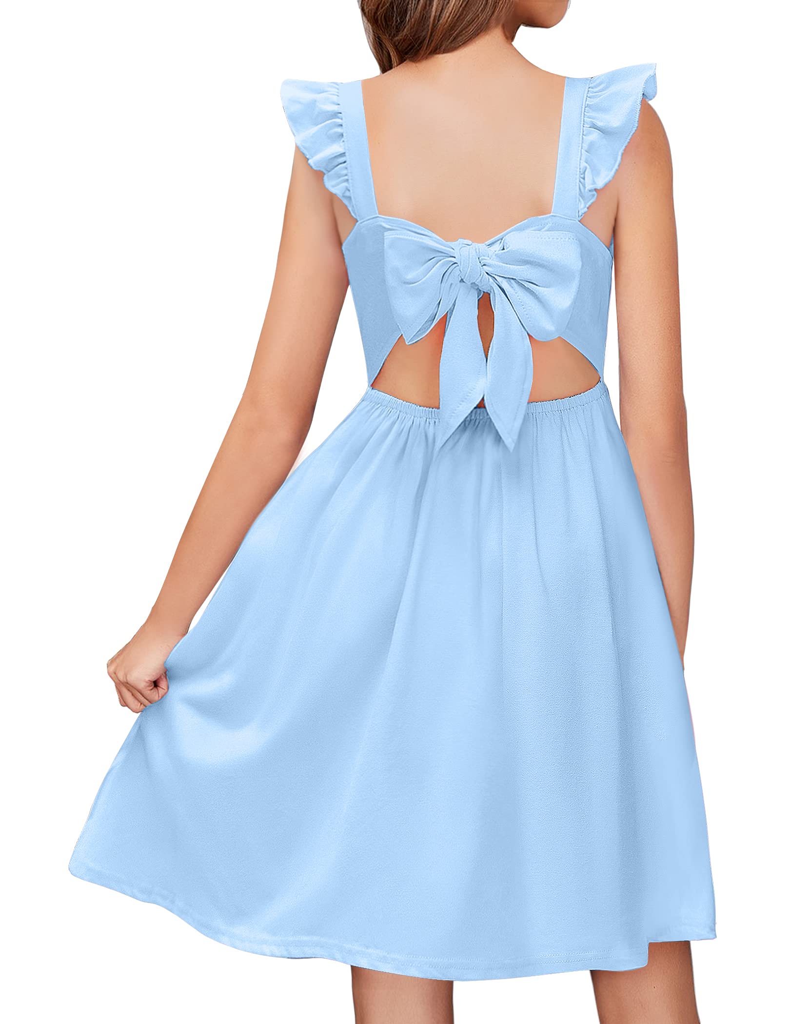 Arshiner Girls Summer Dresses Square Neck Ruffle Sleeve Tie Back A-Line Swing Casual Midi Dress with Pockets