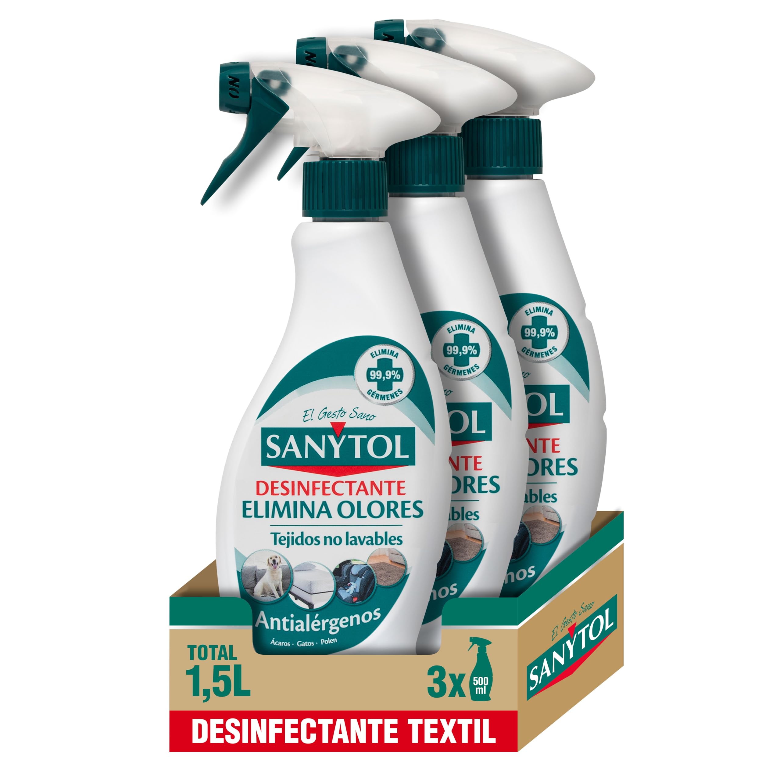 Sanytol – Spray Elimina Olores Desinfectante para Textiles, Elimina Malos Olores Persistentes y Neutraliza Alérgenos, Sin Lejía - Pack de 3 x 500 ml = 1,5L