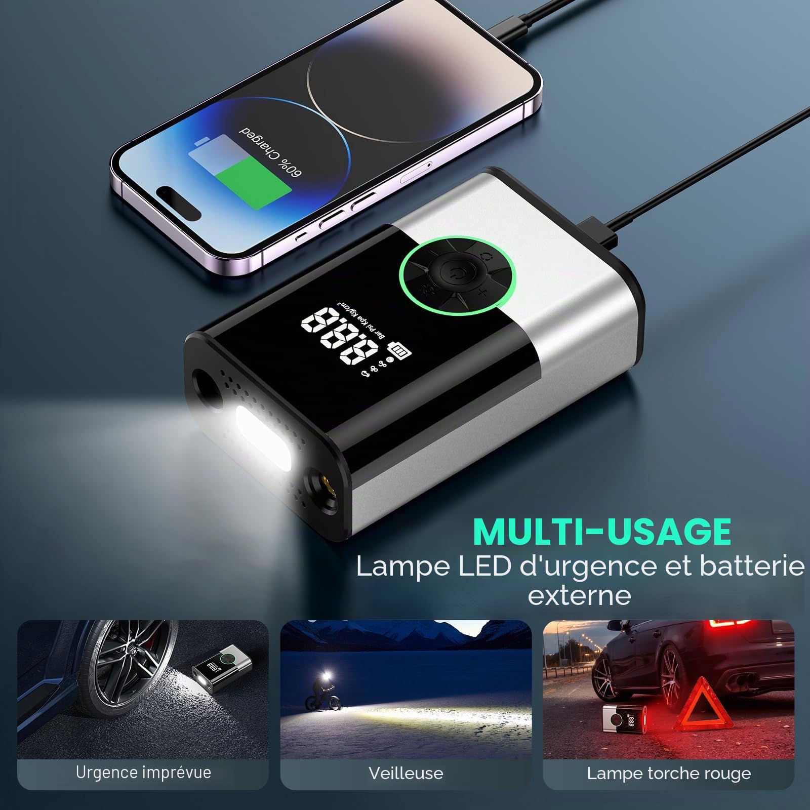 6000mAh Mini Pompe à Air Électrique，Compresseur à Air Portatif Gonfleur Pneus sans Fil 150PSI avec écran LCD Numérique，Pompe à air Rechargeable pour Voiture, Vélo, Moto, Scoote, Balle (Noir)