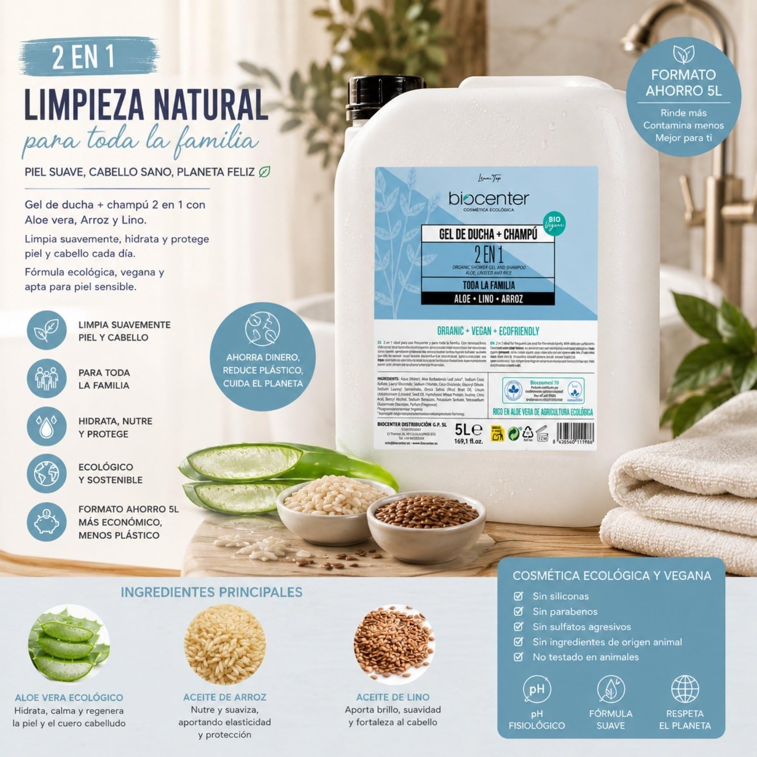 Gel de ducha y champú natural 2 en 1 Biocenter Recarga Ahorro 5 litros – ecológico para toda la familia