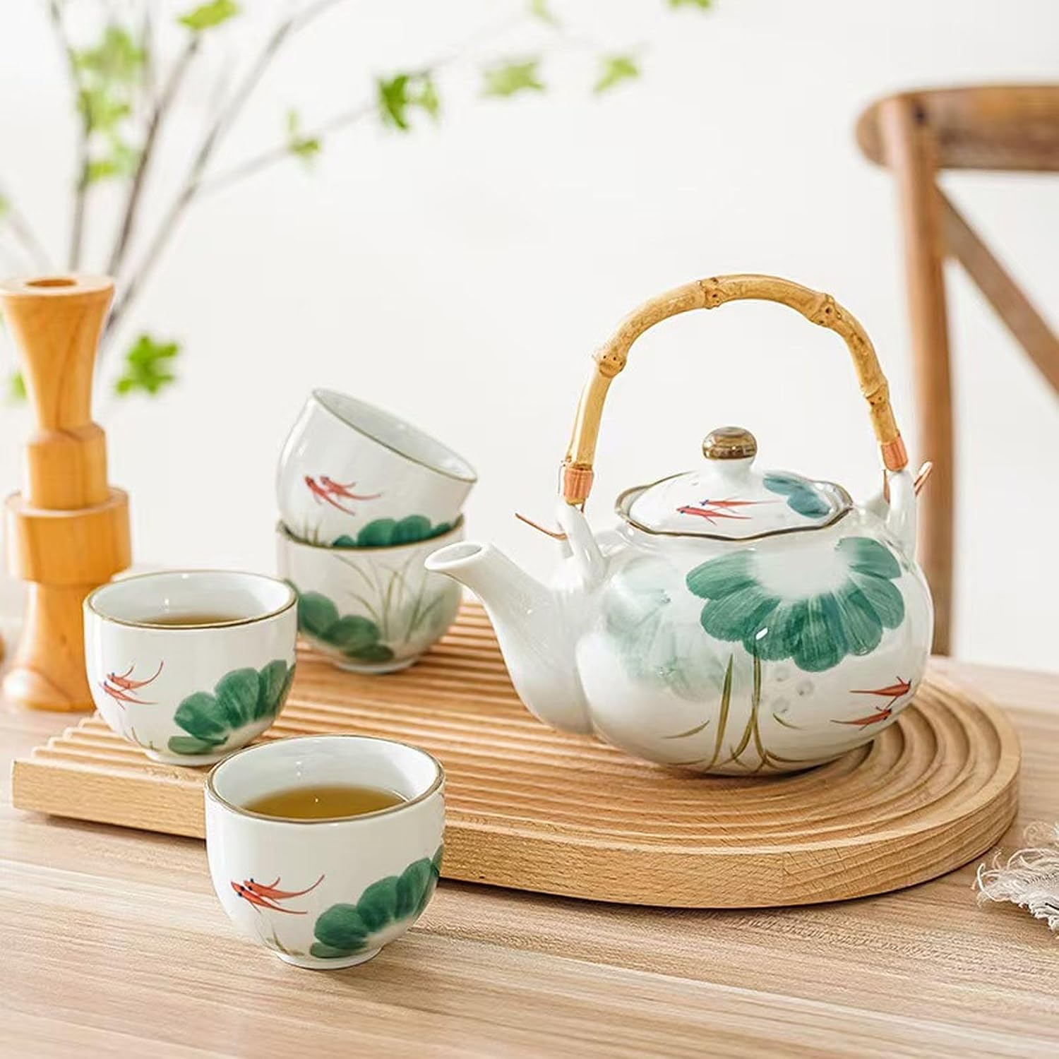 Household Tea Set with Handle, Ceramics Teapot Practical for Home or Office, Gifts Box Suitable for Mother's day, Father's Day, Birthday, Graduation Season (White Plum Blossom)