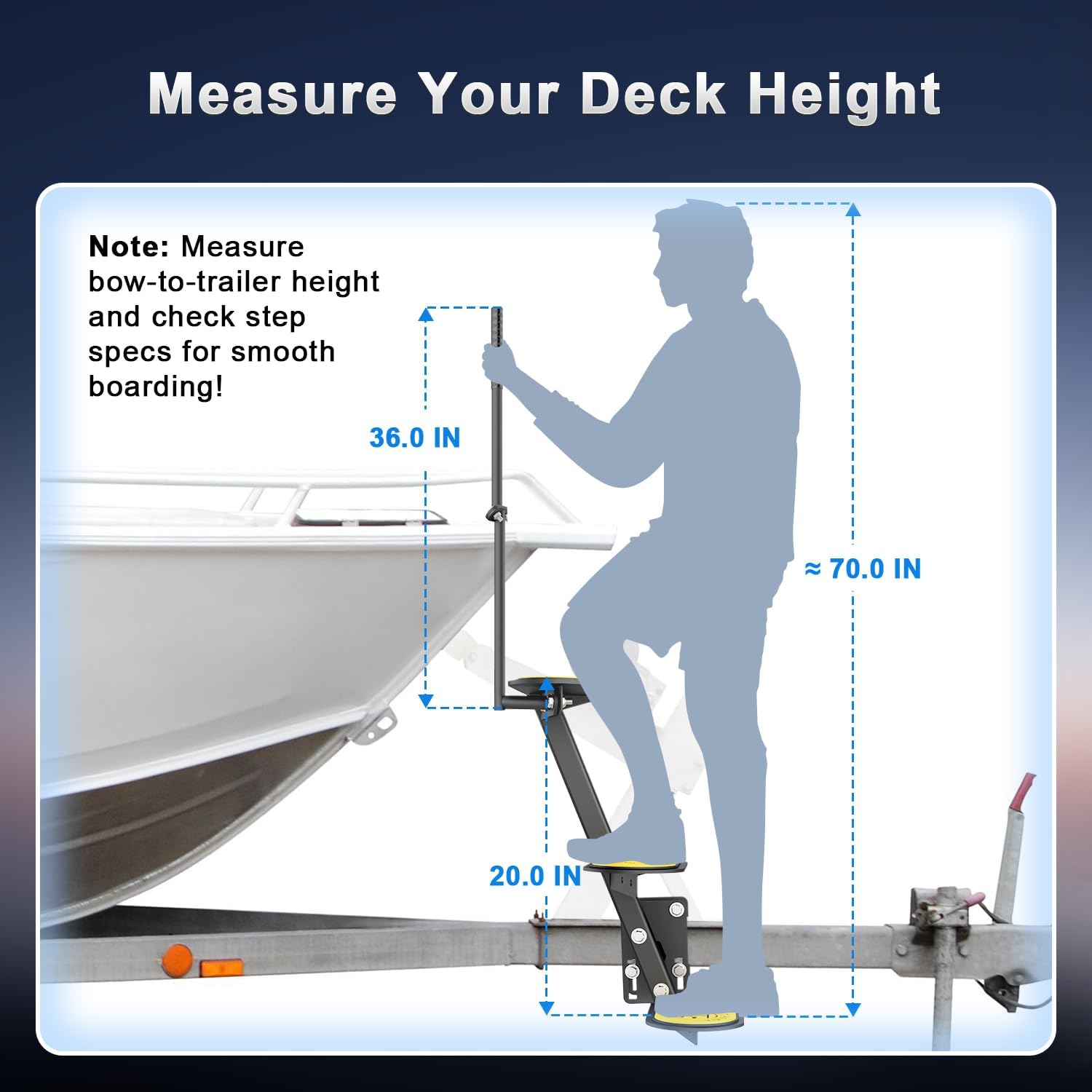 Boat Trailer Steps, 3-Step Heavy-Duty Design with Handrail and Anti-Slip Pad, Fits Tongues 2"–4" Wide & 3"–5" High, 500 lbs Capacity Boat Steps for Trailer