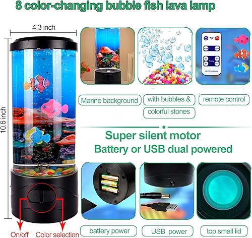 Miniatura 4 de Toycol Lámpara de pez de burbujas con sensor de océano, 8 luces LED de noche de peces que cambian de color, mini peces, acuario, mesa de estado de