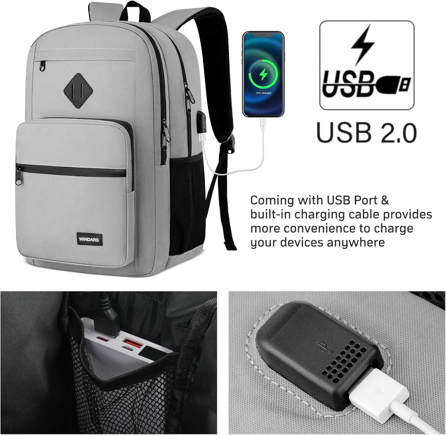 Backpack for Men Women, Durable Casual School Backpacks Teens Boys and Girls Classic 17.3 Inch Laptop Bookbag with USB Charger for College High School Work Travel (Gray)