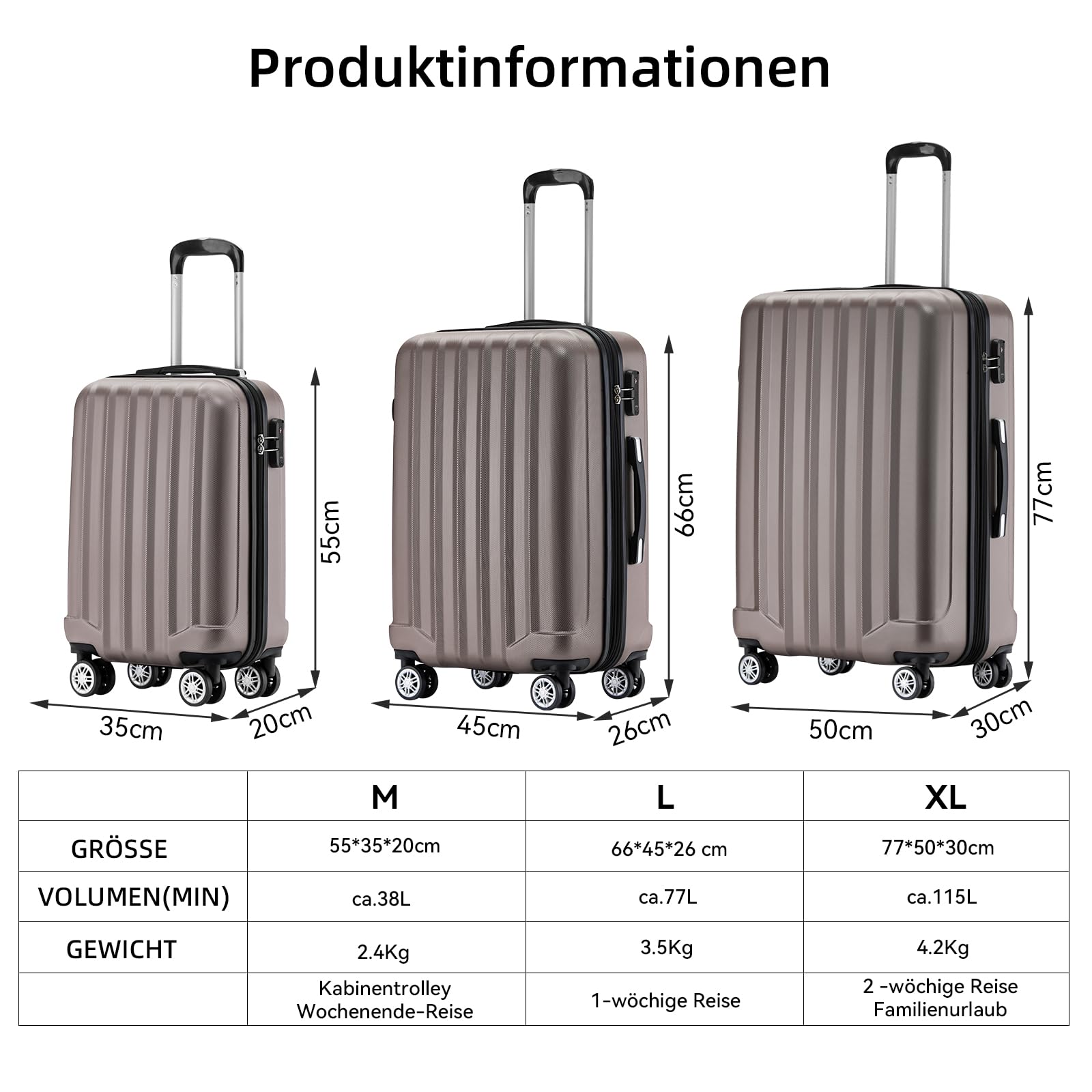 BEIBYE TSA-Schloß 2080 Zwillingsrollen 3 TLG. Reisekofferset Koffer Kofferset Trolley Trolleys Hartschale (Coffee, Set)