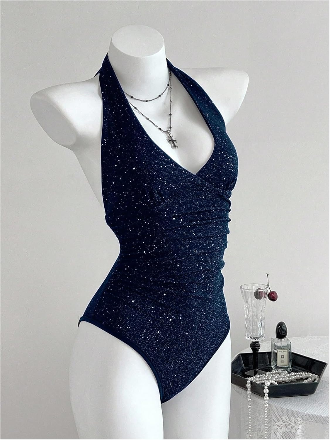 MakeMeChic Women's Halter Top Bodysuit Tie Open Back Sparkly Sleeveless Party Y2K Leotard Tank Tops