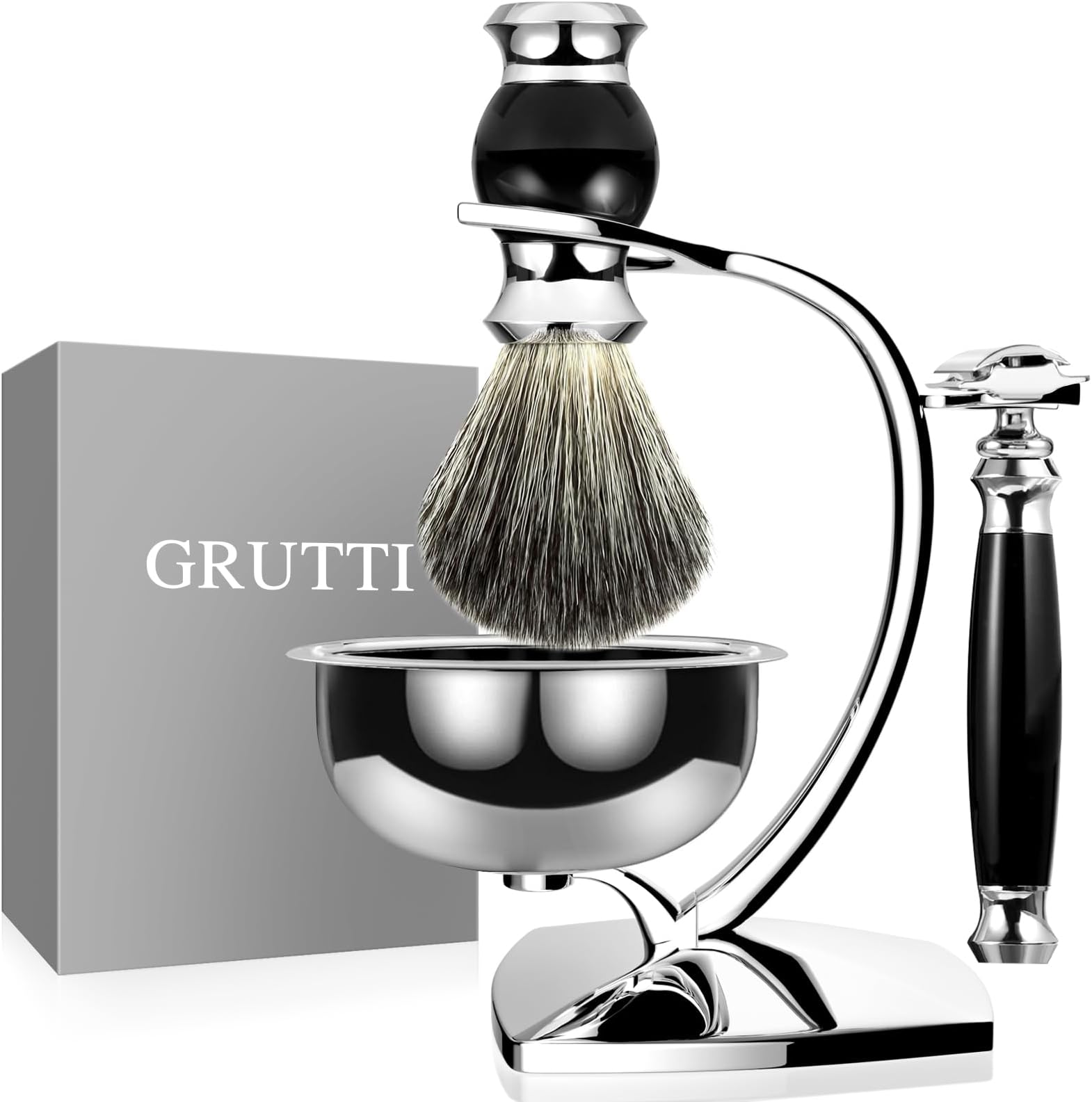 Shaving Set, Deluxe Chrome Razor and Brush Stand with Soap Bowl and Badger Hair Shaving Brush and Safety Razor (Double Edge)