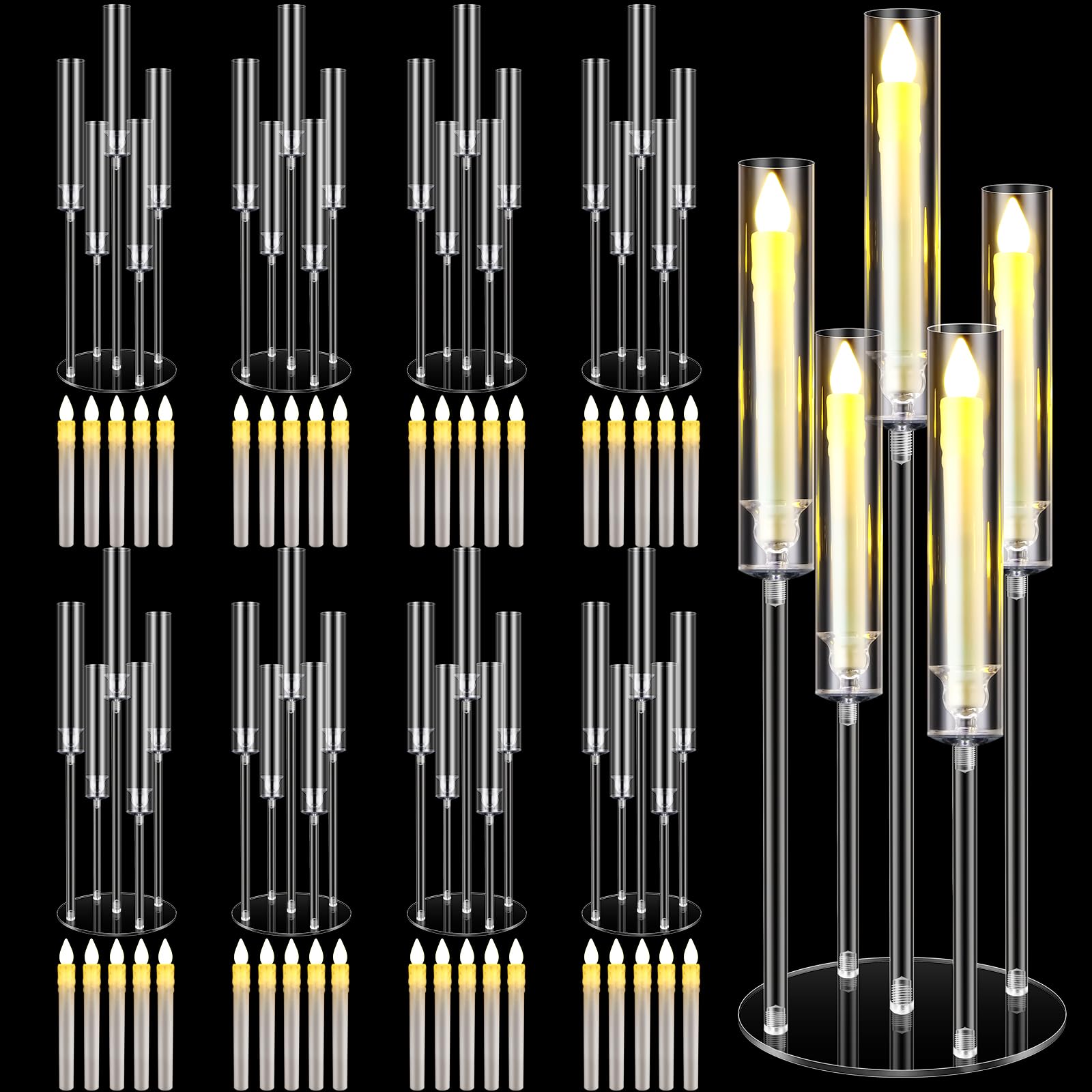 Tessco Set Di 4 Candelabri Acrilici Trasparenti A 5 Bracci, Alti 117 Cm, Per Matrimoni E Centrotavola, Con Paralumi