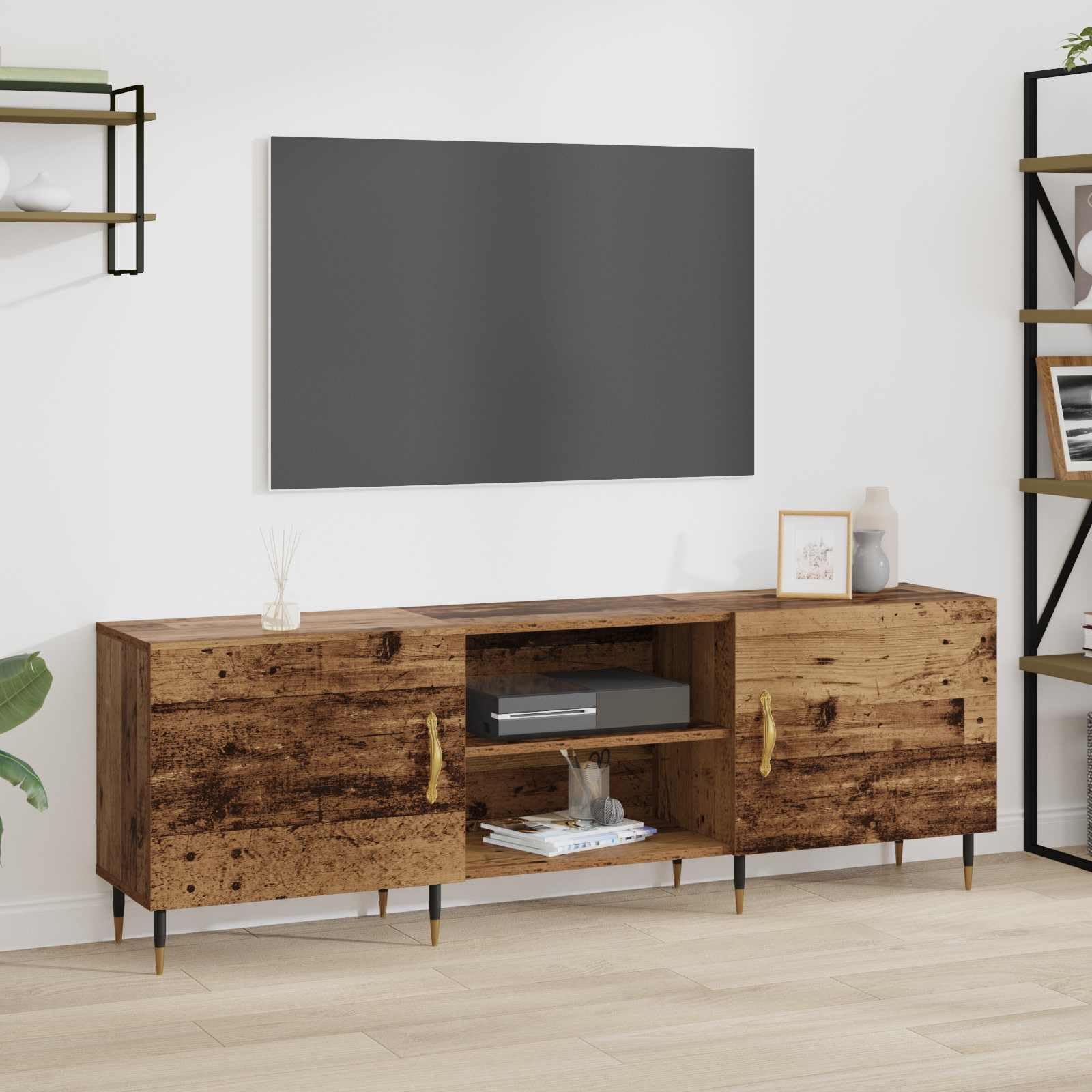 Mobile TV in legno ingegnerizzato con finitura in legno vecchio 150 x 30 x 50 cm con ante a cerniera e maniglie dorate, ideale come credenza moderna per soggiorno, camera o zona gaming