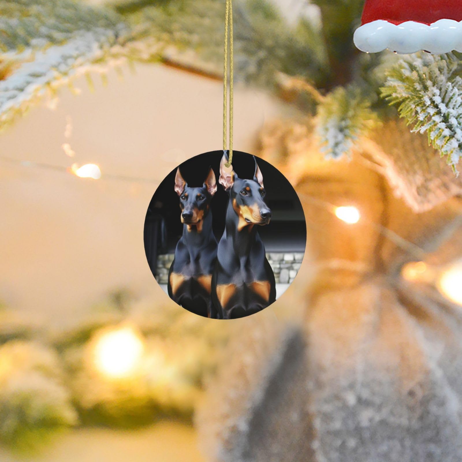 Christmas Tree Ornaments Ceramics Christmas Round Decorations Doberman Ceramics Ornaments Circle Pentagram Xmas Tree Hanging Pendant for Christmas Tree Party Holiday Home Decor