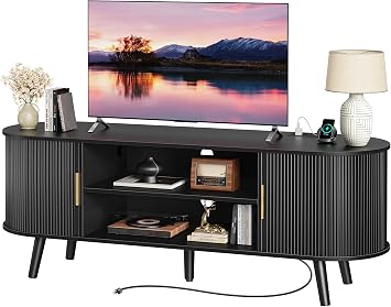 PRAISUN 54 Inch Fluted TV Stand for TVs up to 55 Inch, TV Media Console with Power Outlets and USB-C Port, Entertainment Center with Storage, Curved Sliding Doors, Adjustable Shelf, Black