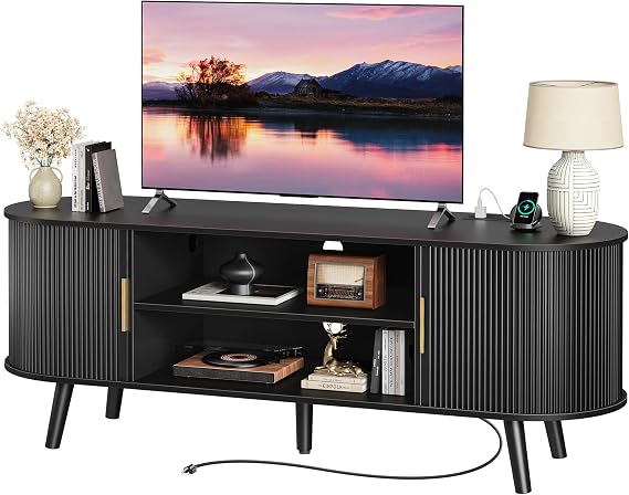 PRAISUN 54 Inch Fluted TV Stand for TVs up to 55 Inch, TV Media Console with Power Outlets and USB-C Port, Entertainment Center with Storage, Curved Sliding Doors, Adjustable Shelf, Black
