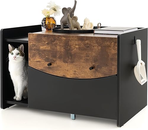 Tangkula Caja de arena, baño oculto para gatos con cajón extraíble, rueda giratoria, puerta abatible, gabinete lateral interior de casa para gatos,