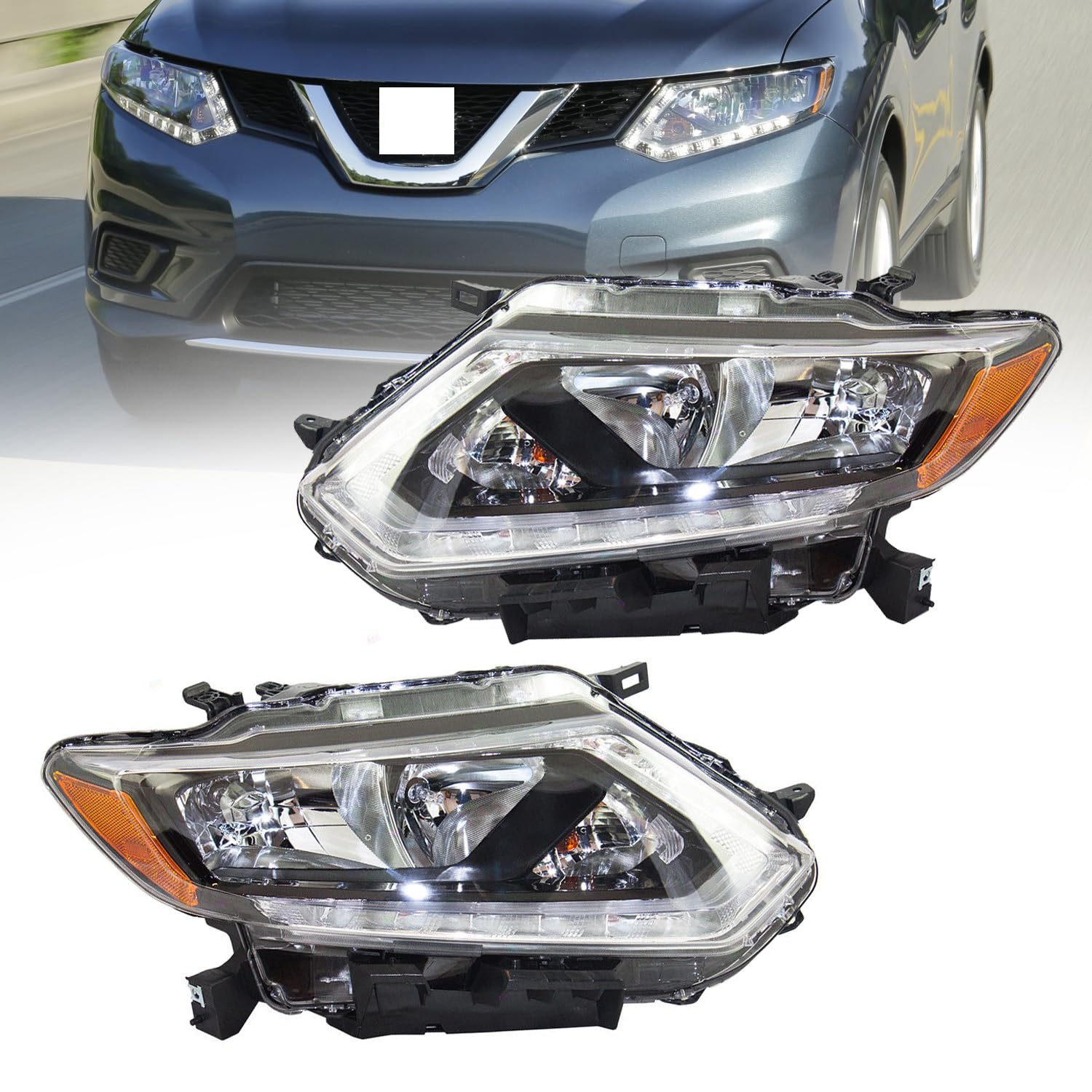 Fit for 2014 2015 2016 Nissan Rogue Headlights with LED DRL,Compatible with 14-16 Rogue Halogen Headlamps Chrome Housing Replacement Driver Passenger Side No Bulbs