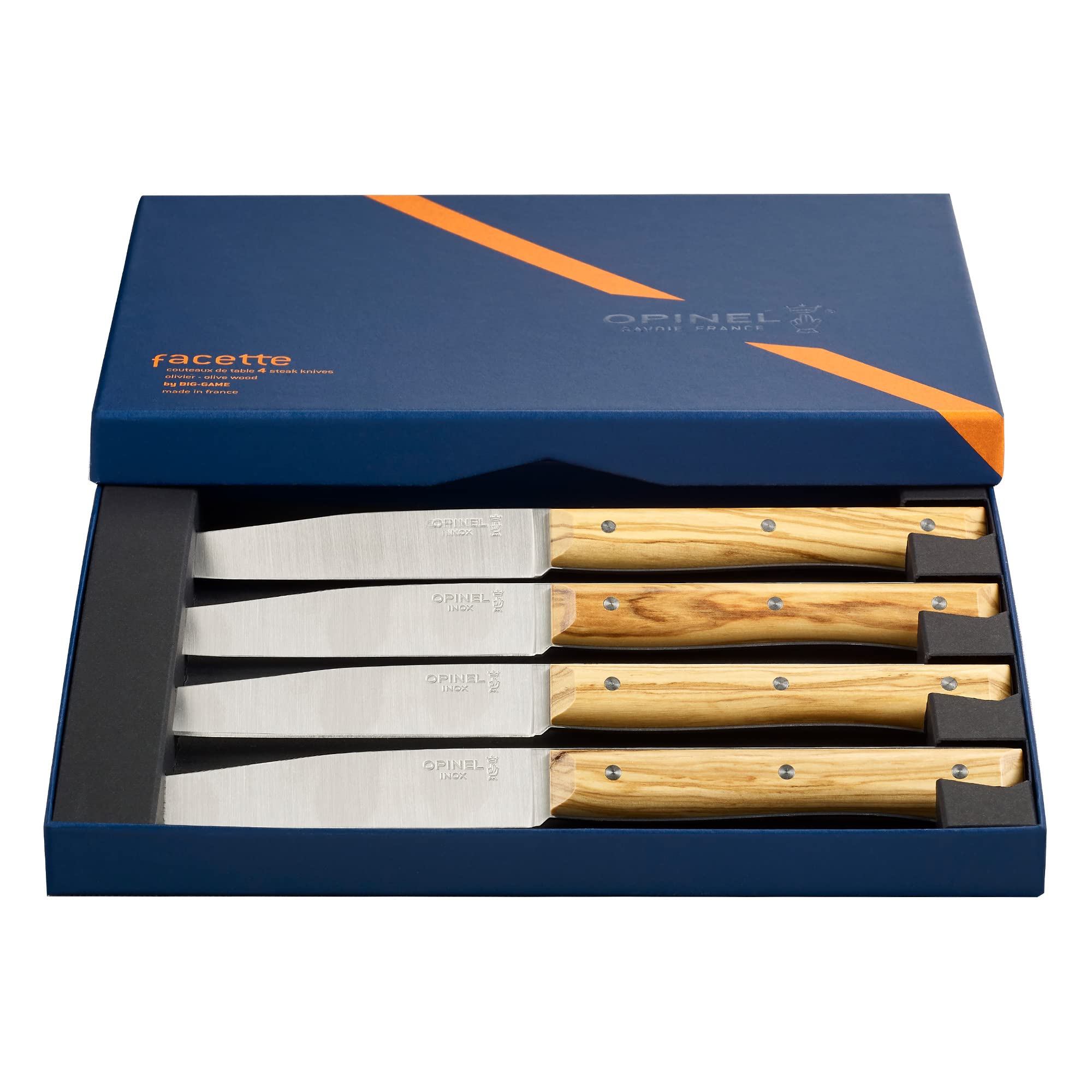 OPINEL - Set di 4 Coltelli da Tavola Facette in Frassino - Lama Liscia in Acciaio Inossidabile - Manico in Legno di Frassino - Garanzia a Vita - Fabbricazione Francese
