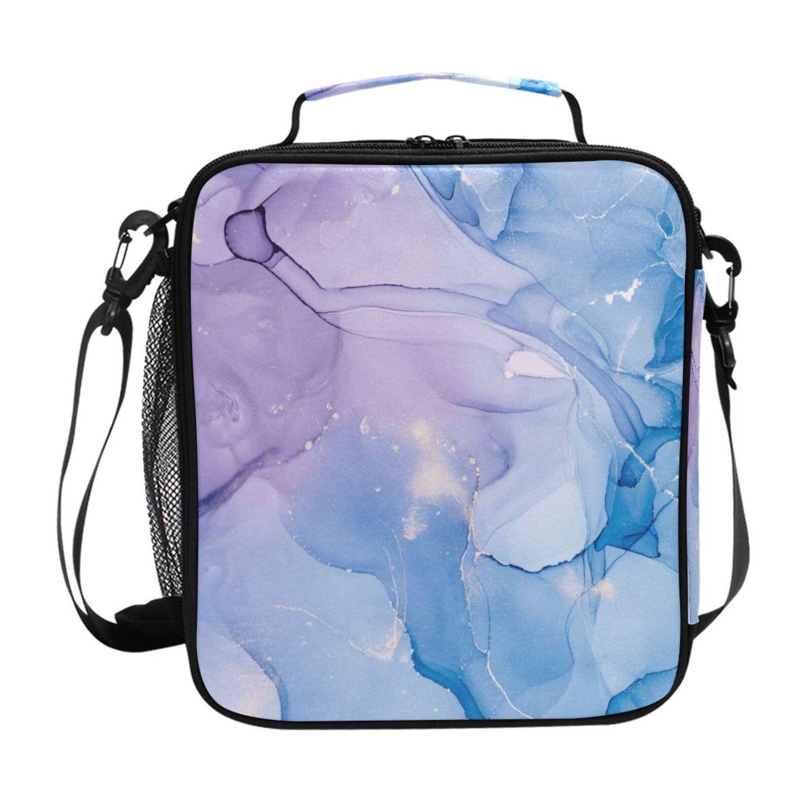 Purple Marble Blue Ink Modern Fluid Art Lunch Box Kids Cooler Insulated Lunch Bag Cooler Bag Tote Freezable Shoulder Strap Lunchbox Zipper Handbag Waterproof Picnic Meal for School Office