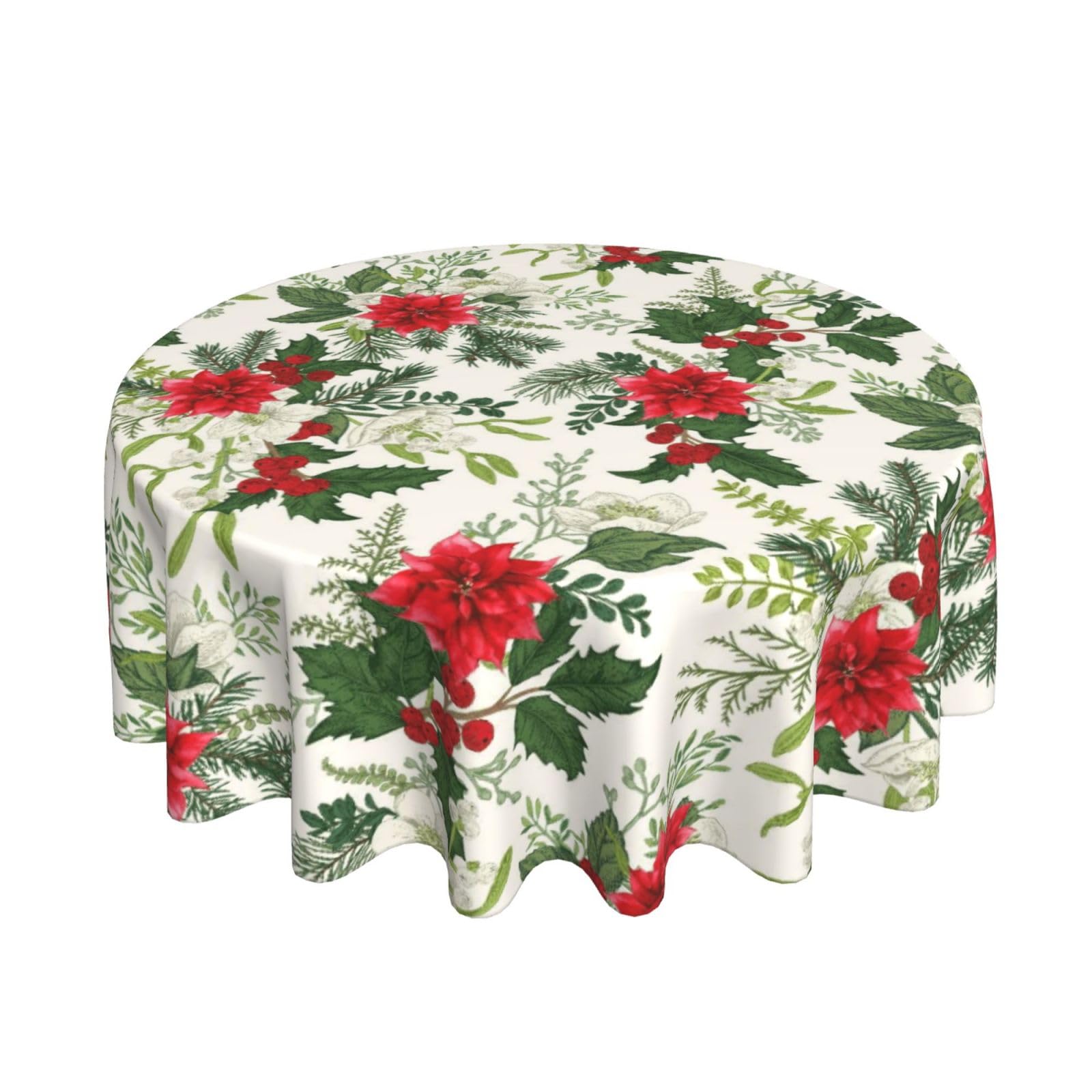 Yxuiyal Christmas Round Tablecloths Green Red Christmas Berry Poinsettia Decorative Tablecloth 70 Inch Washable Wrinkle Resistant Winter Table Cover for Kitchen Dining Room Party — image 1