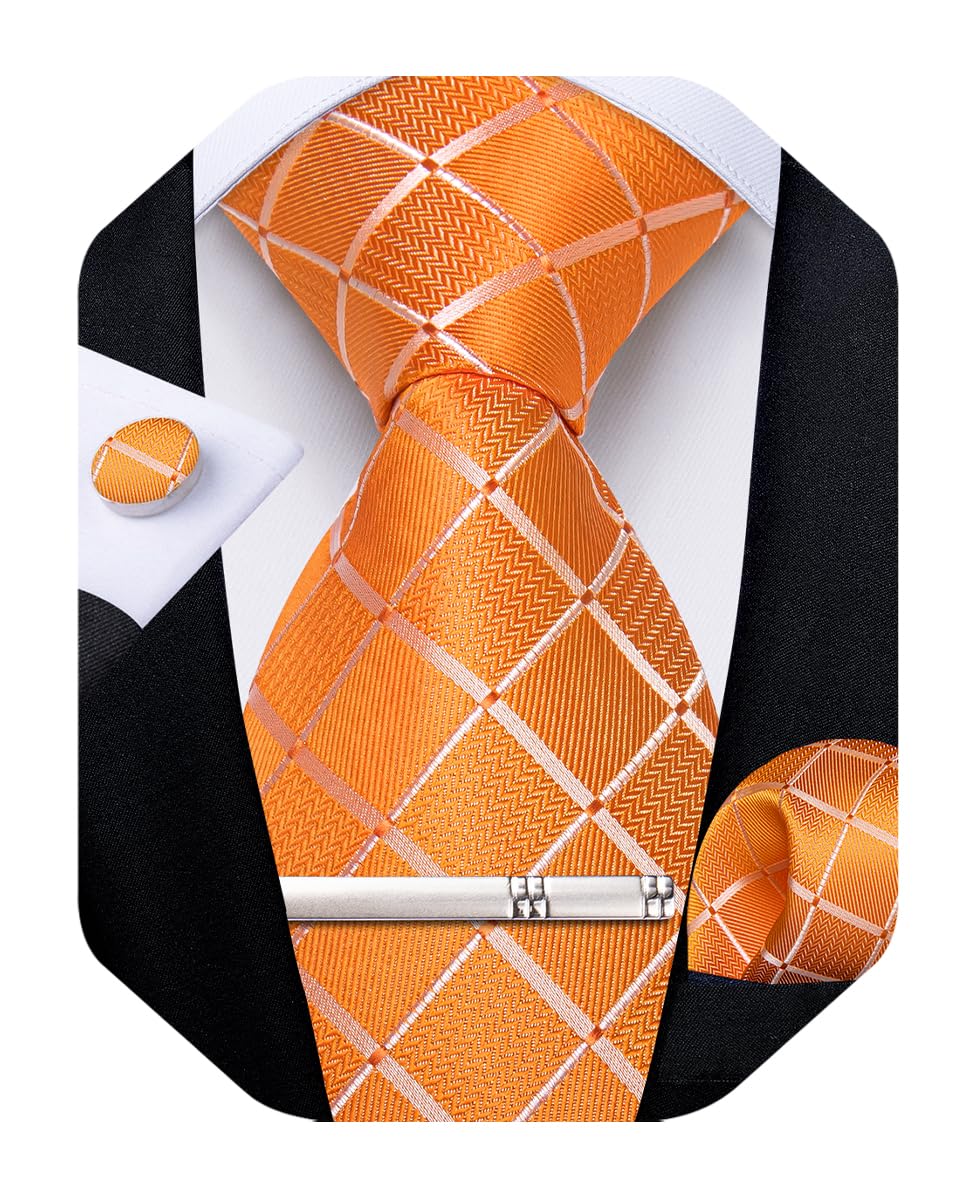 DiBanGu Mens Silk Plaid Tie and Pocket Square Set | Elegant Silk Formal Tie Set, Woven Check Necktie and Cufflinks Tie Clip Set, Perfect for Wedding Party, Comes in Gift Box