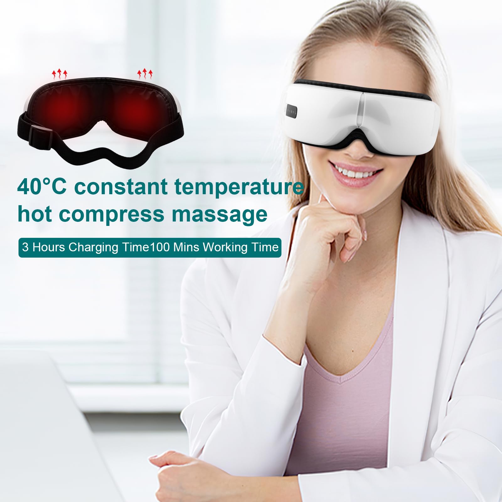 Masajeador de ojos con compresión térmica, vibración y música Bluetooth, recargable, 5 modos de masaje, terapia ocular para aliviar el dolor ocular, mejorar los ojos secos y dormir