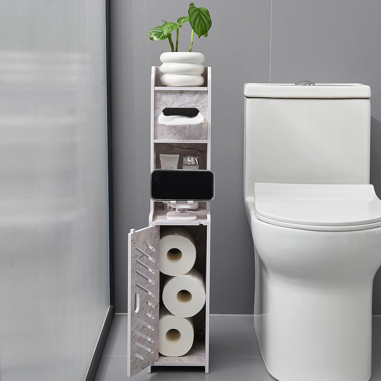 Slim Toilet Paper Storage Cabinet, Freestanding Toilet Paper Holder Stand, Bathroom Storage Cabinet for Storage and Toilet Paper Organization (Marble White)