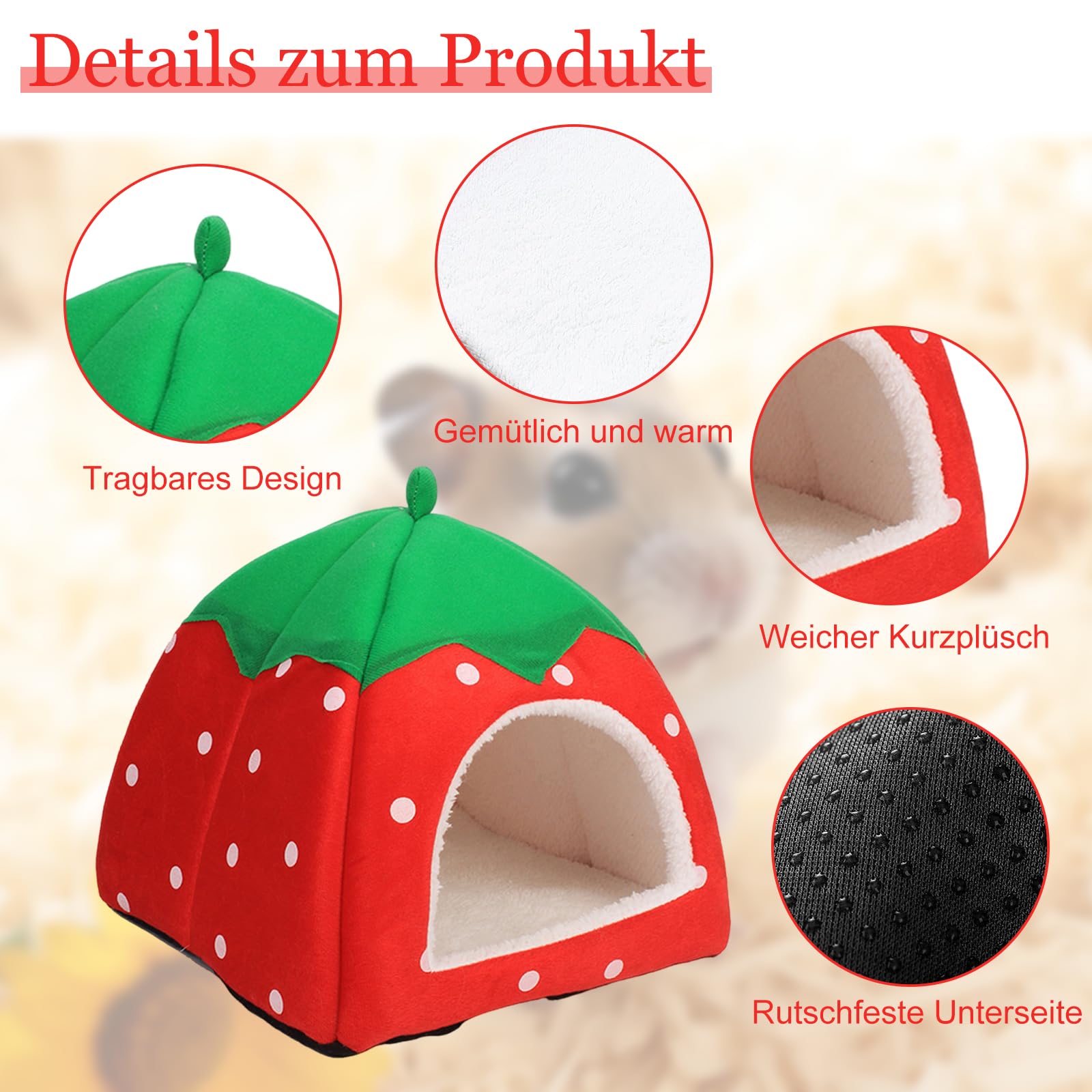 Domek dla świnki morskiej, przytulna jaskinia z wyjmowaną matą, łóżko dla świnki morskiej, szczurów, akcesoria dla królików miniaturowych, chomików, chomików, wiewiórek (24 x 24 cm, czerwony)