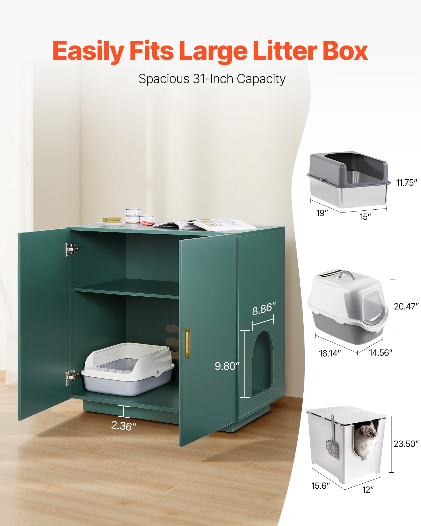 VEVOR Meuble pour Bac à Litière Chat Armoire Cache Maison de Toilette de Chat Double Porte, Niche Cache-litière Bois avec Trous d'Aération, pour la Plupart Bacs à Litière Chats, 80 x 50 x 79 cm, Vert