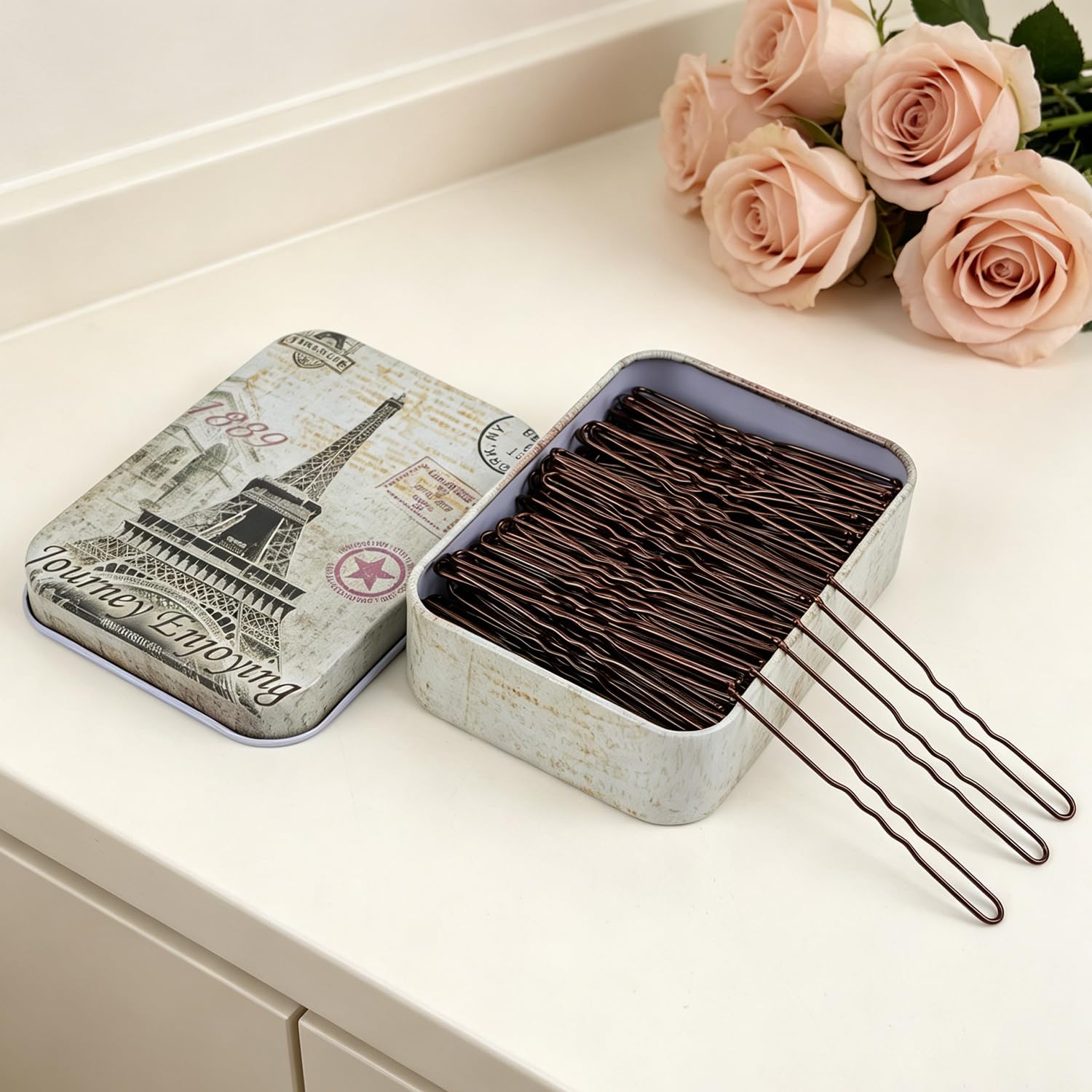 200pcs U Shaped Hair Pins Brown with Cute Case, Hairpins for Buns, Premium Bobby Pins for Kids, Girls and Women, Great for All Hair Types(2.4 & 2 Inch) (Brown)
