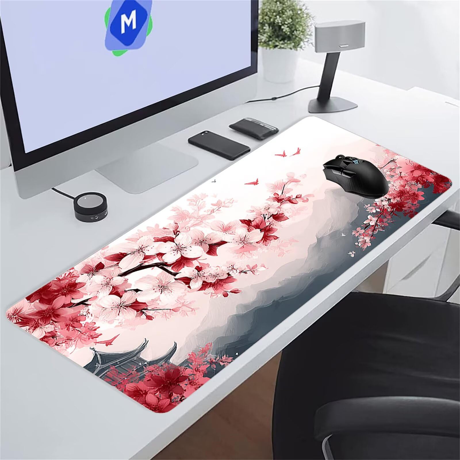 Tapis de Souris XXL Gaming Fleurs Cerisier Roses Tapis de Souris Gamer 1500x800x3 mm Grand Tapis de Bureau avec Base en Caoutchouc Antidérapante pour Bureau, Études, Gaming