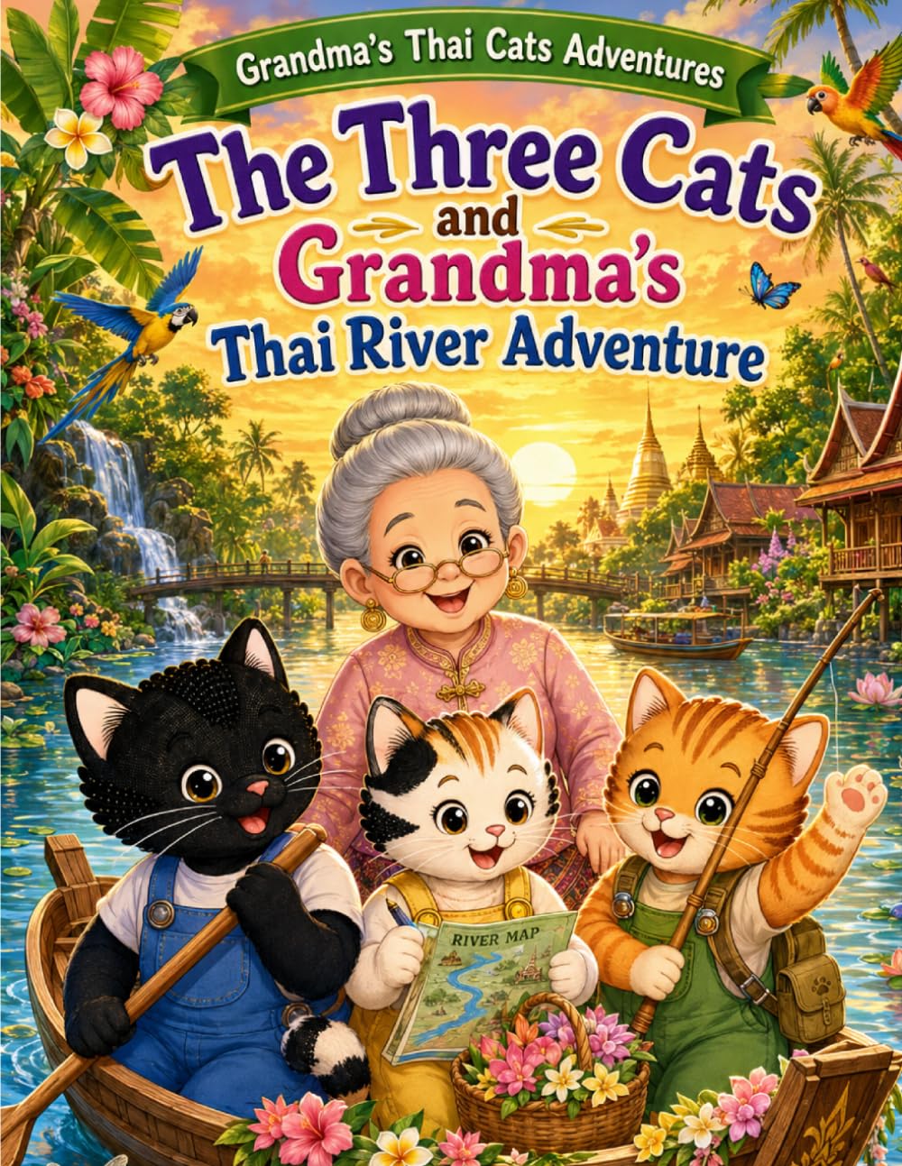 The Three Cats and Grandma's Thai River Adventure: A Cute Cat Adventure and Cozy Thai Floating Market Coloring Book for Kids and Adults (Grandma's Thai Cats Adventures)
