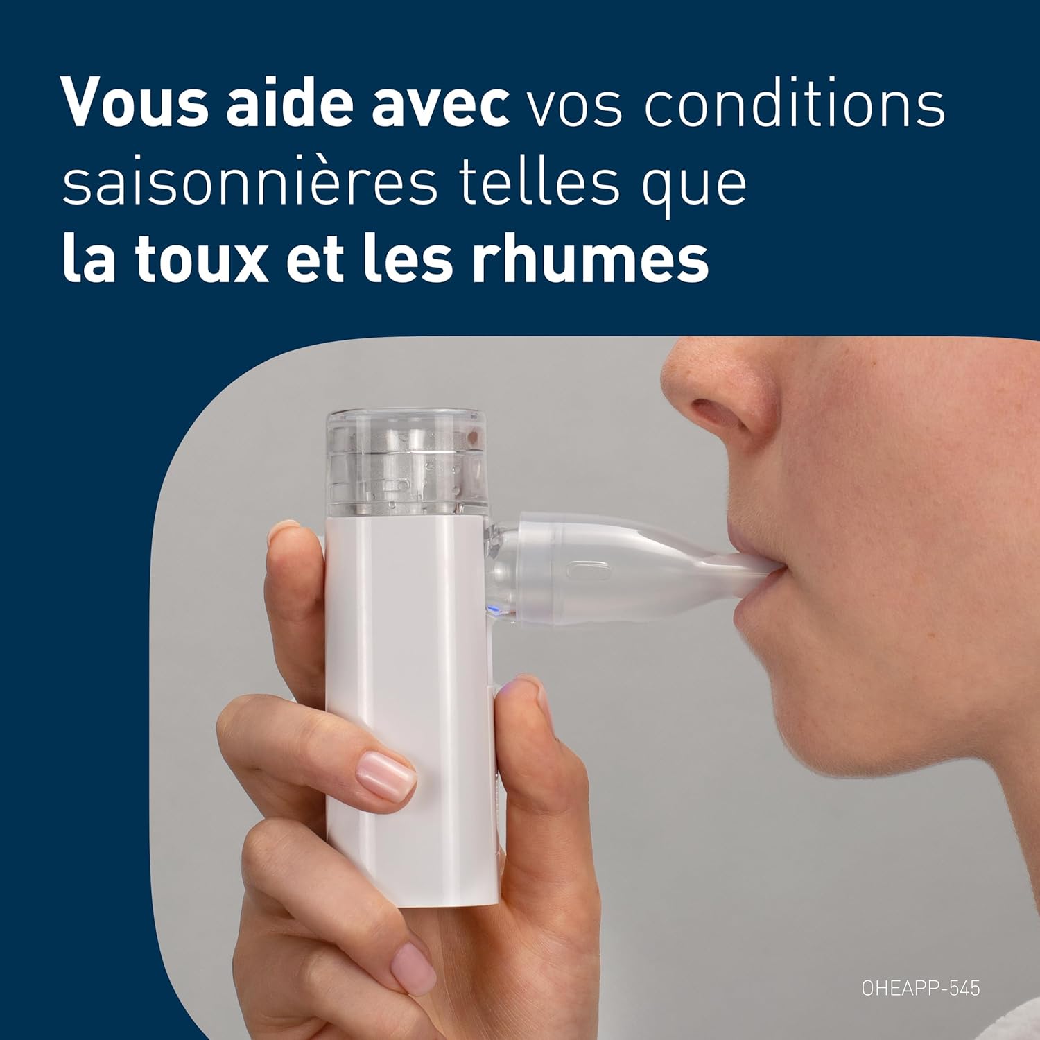 Person using OMRON mini Air 360+ with mouthpiece