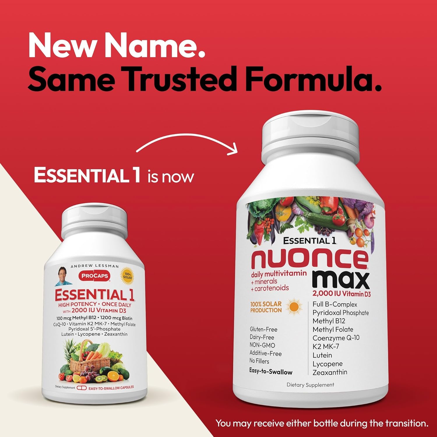 ANDREW LESSMAN Essential-1 nuonce max Multivitamin 2000 IU Vitamin D3 180 Small Capsules. 100 mcg Methyl B12. CoQ10 Lutein Lycopene Zeaxanthin. High Potency. No Additives. Ultra-Mild One Daily Capsule