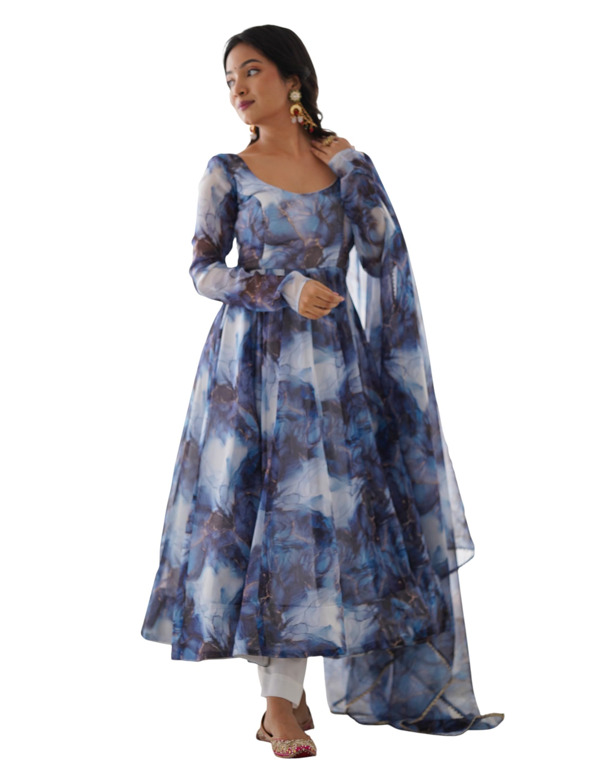 Women’s Pure Soft Organza Silk Anarkali Suit Set | Marble Print Full Flared Kali Pattern Kurta with Canvas Patta | Round Neck & Full Sleeves
