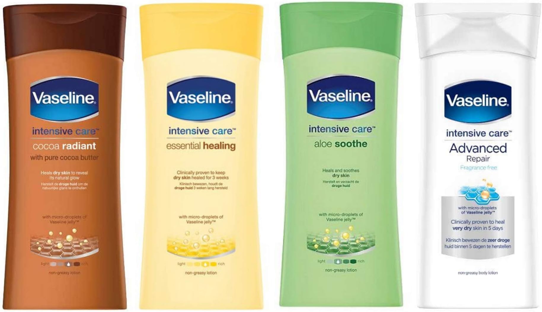 Vaseline Intensive Care Set - 4 x 200ml Non Greasy Body Lotion Bundle. Cocoa Radiant, Essential Healing, Aloe Soothe and Advanced Repair. Heals Dry Skin from the World's Best Hand & Body Care Brand