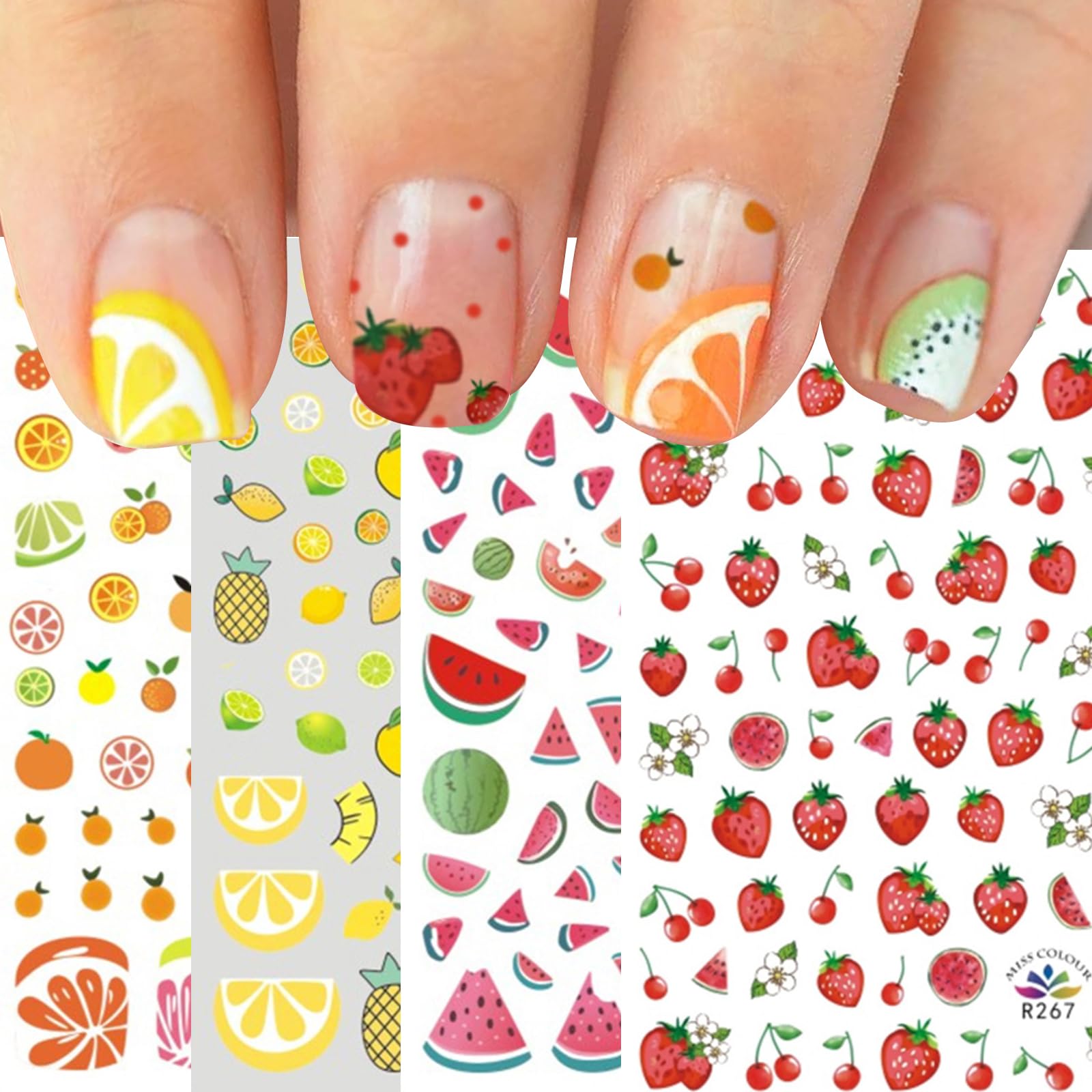 jmeowio 10 Sheets Cute Fruits Nail Art Stickers Decals for Kids Self Adhesive Strawberry Watermelon Avocado Cherry Summer Nail Decoration Accessories for Little Girls Kids