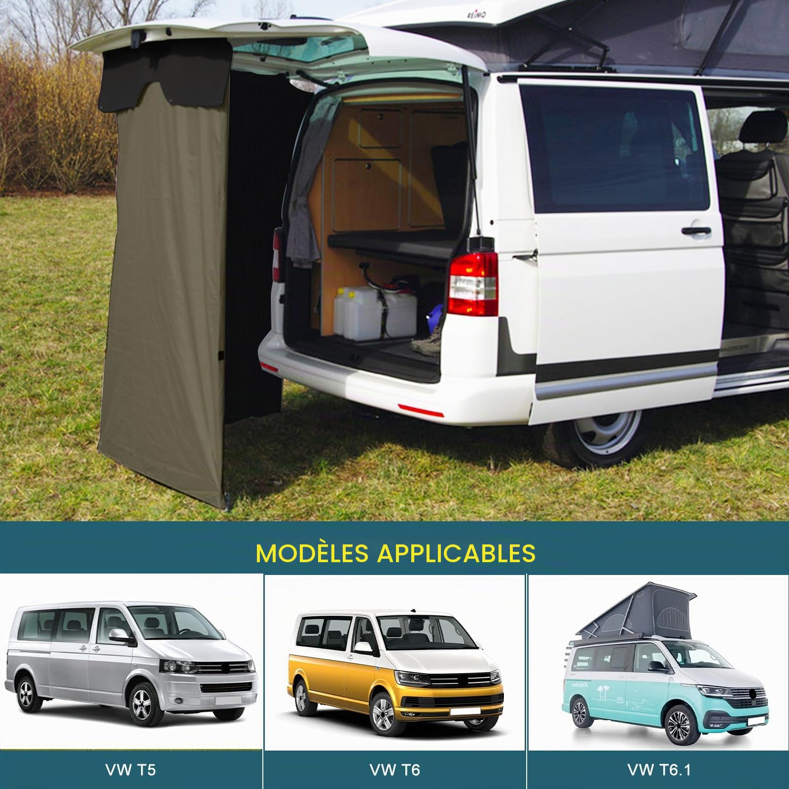 Tente de Hayon Pop Up pour VW T4 T5 T6, 400D Tente Arrière Instantanée avec Boucles, Sangles Réglables et Piquets de Sol, Idéale pour Le Camping, la Pêche et Les Festivals en Plein Air