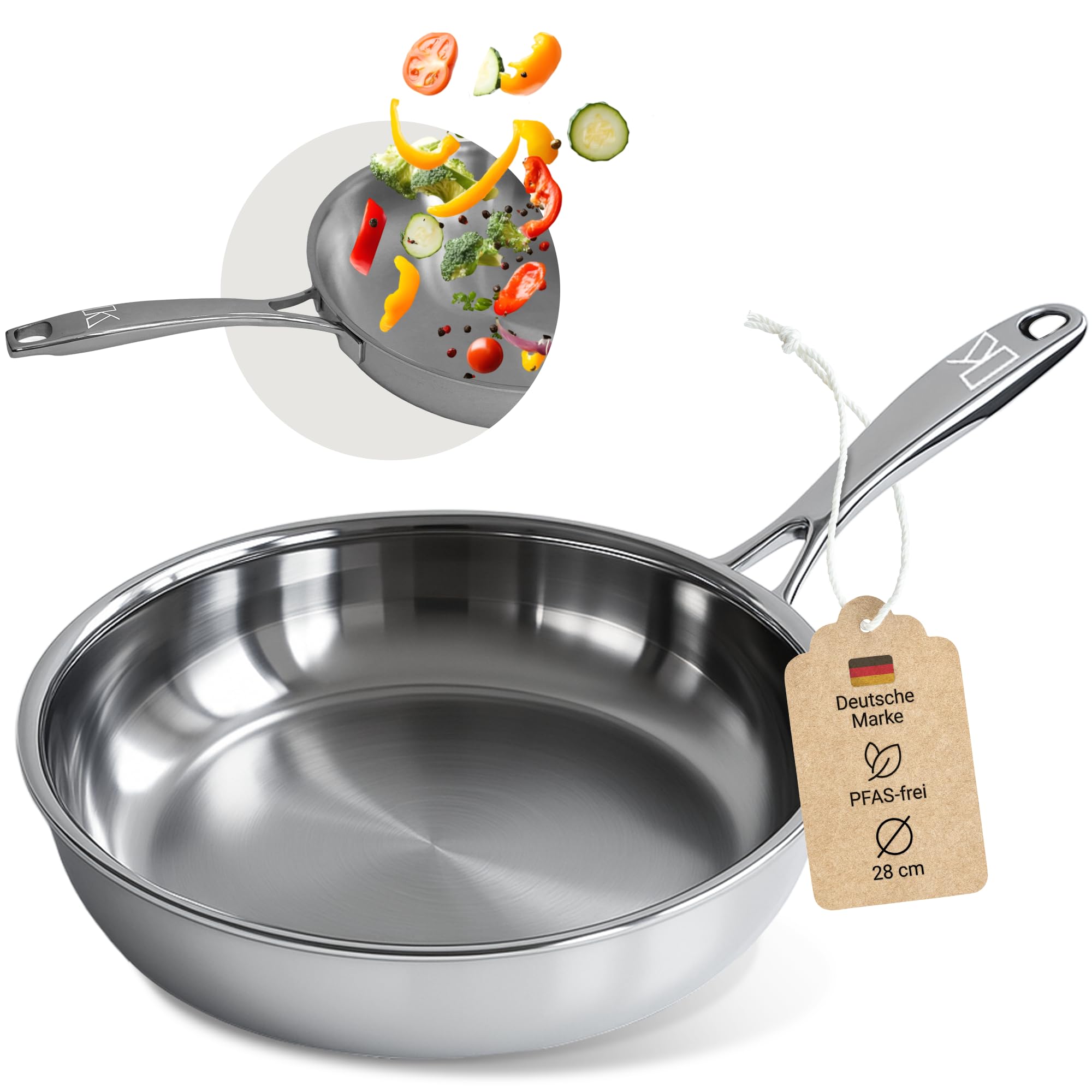 Kayzar Profi Edelstahlpfanne 28 cm - Bratpfanne unbeschichtet & PFOA-frei, Premium 3-lagiger Boden (3,5 mm) für gleichmäßige Wärmeverteilung & natürliche Antihaftwirkung, Induktion