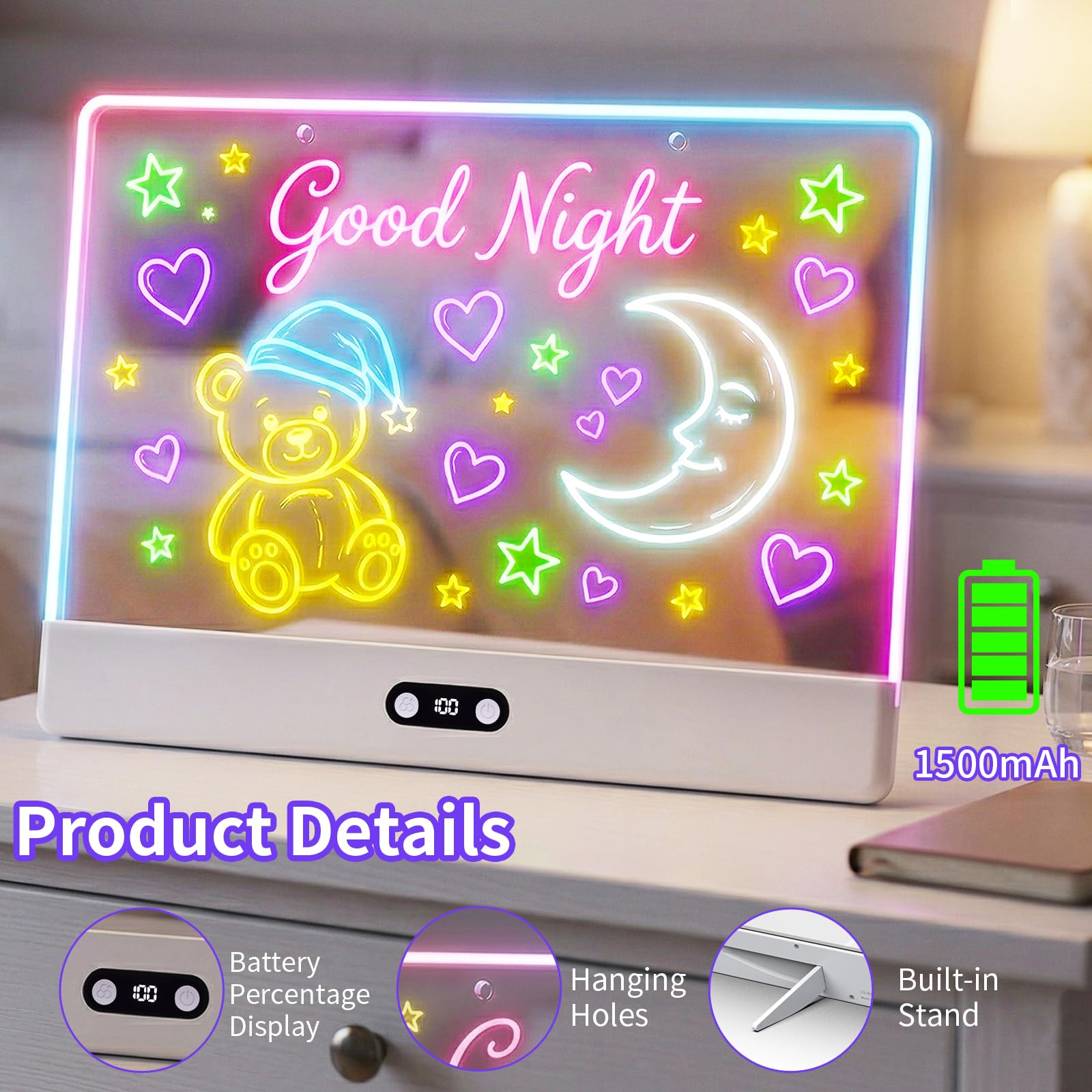 LED-Zeichenbrett für Kinder, 40,6 cm, wiederaufladbar, beleuchteter Zeichenblock mit 1500 mAh Akku, 11 Lichtmodi, Neon-Trockenlöschtafel, LED-Notizblock für Nachrichten, Nachtlicht, Geschenke