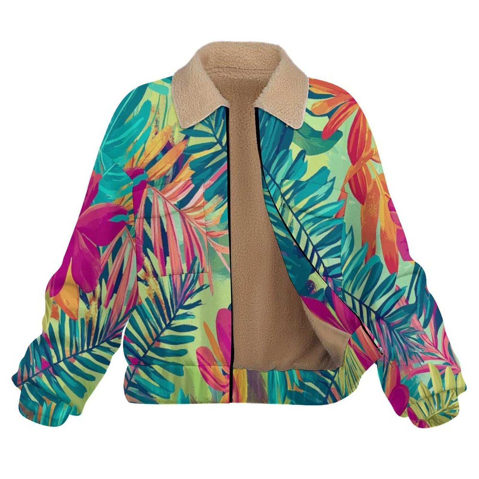 Giacca da Donna Pile con Zip, Giacche Giacca piante tropicali Teddy Versione, Loose del astratto Cappotto a Maniche Lunghe Autunno e Inverno Caldo Cappotto