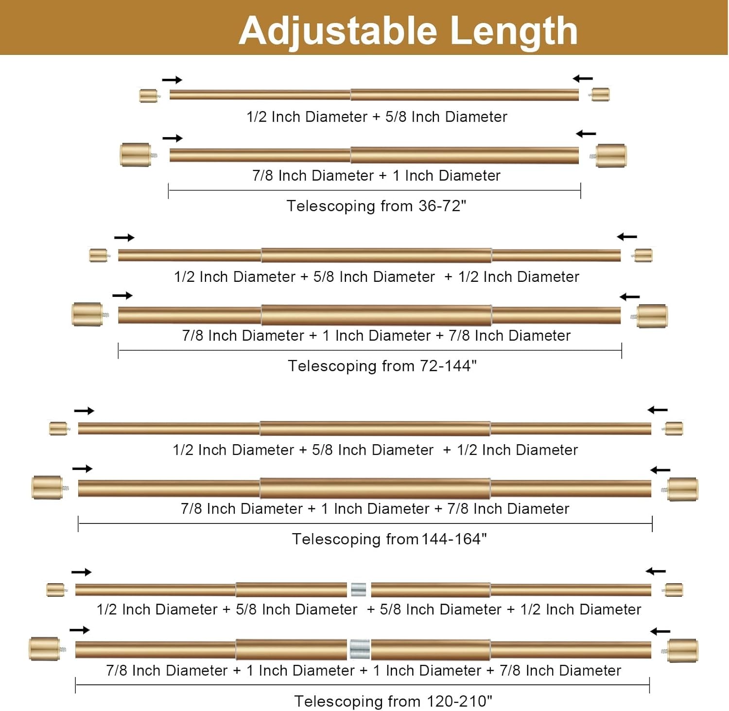 Double Curtain Rods 120-210" with Cap Finials, Heavy Duty 1 Inch Front and 5/8 Inch Back Double Drapery Rod, Adjustable Dual Curtain Rod for Window, Brushed Nickel