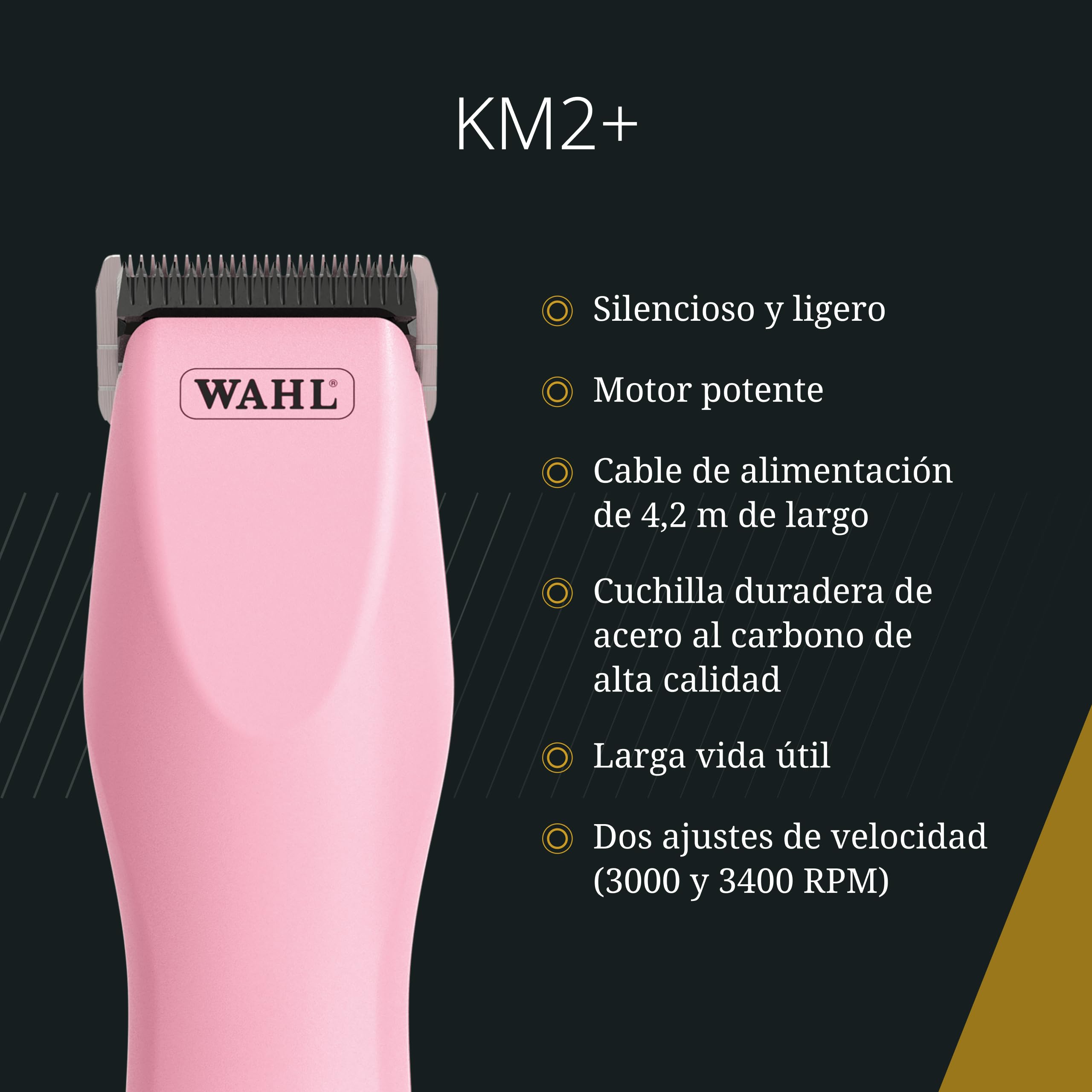 Wahl KM2+, Cortapelos con Cable para Mascotas, Ligero, Rosa | Cortapelos con Cable para Mascotas, Cuchilla Prime #10 de Acero, 2 Velocidades 3000 y 3400 RPM, Cable 4,2 m, Silencioso