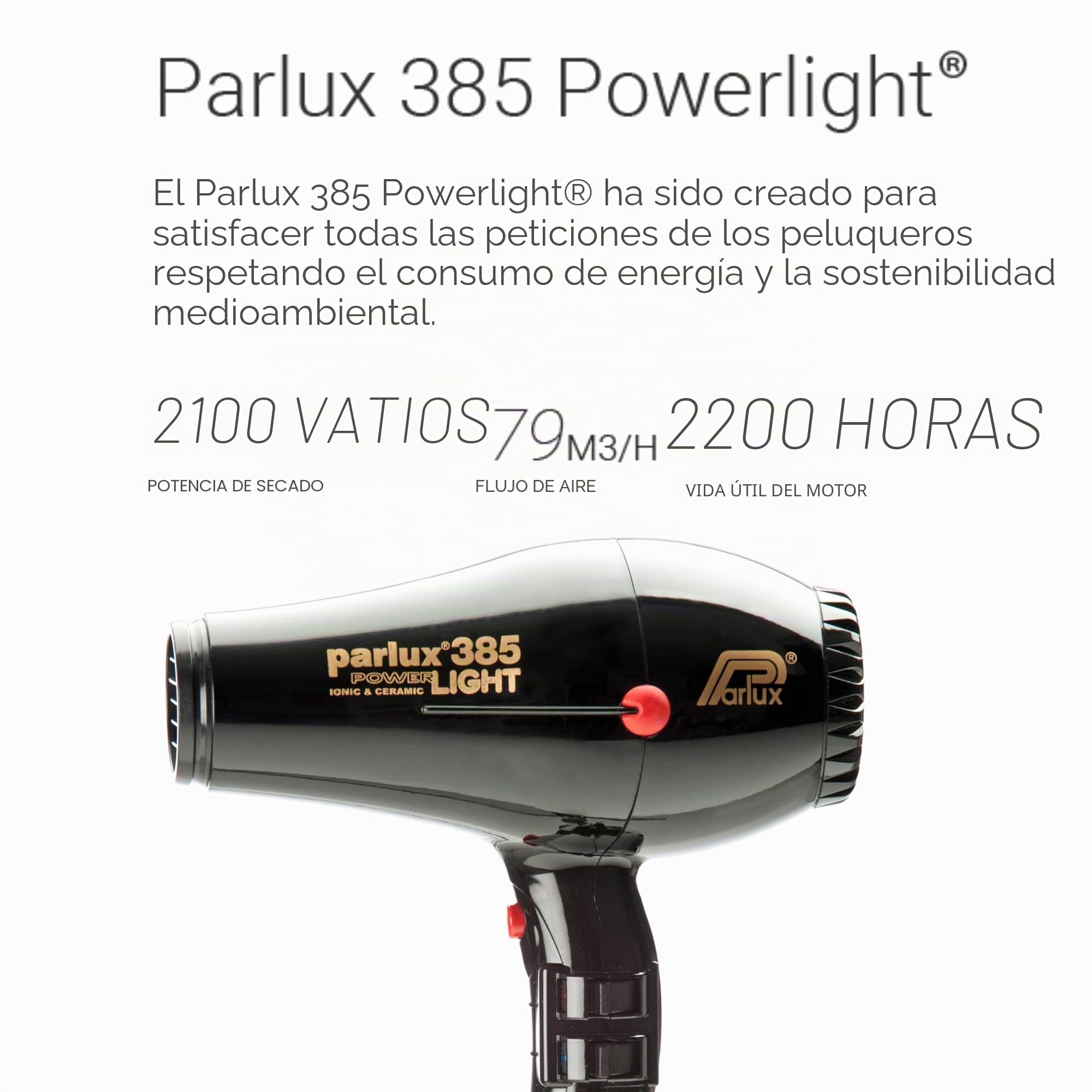 Parlux Powerlight 385 - Secador de pelo en color negro, 2150 W, potentes y ligeros, accesorios para el cabello para un secado y peinado rápidos y fáciles, con silenciador integrado con tecnología
